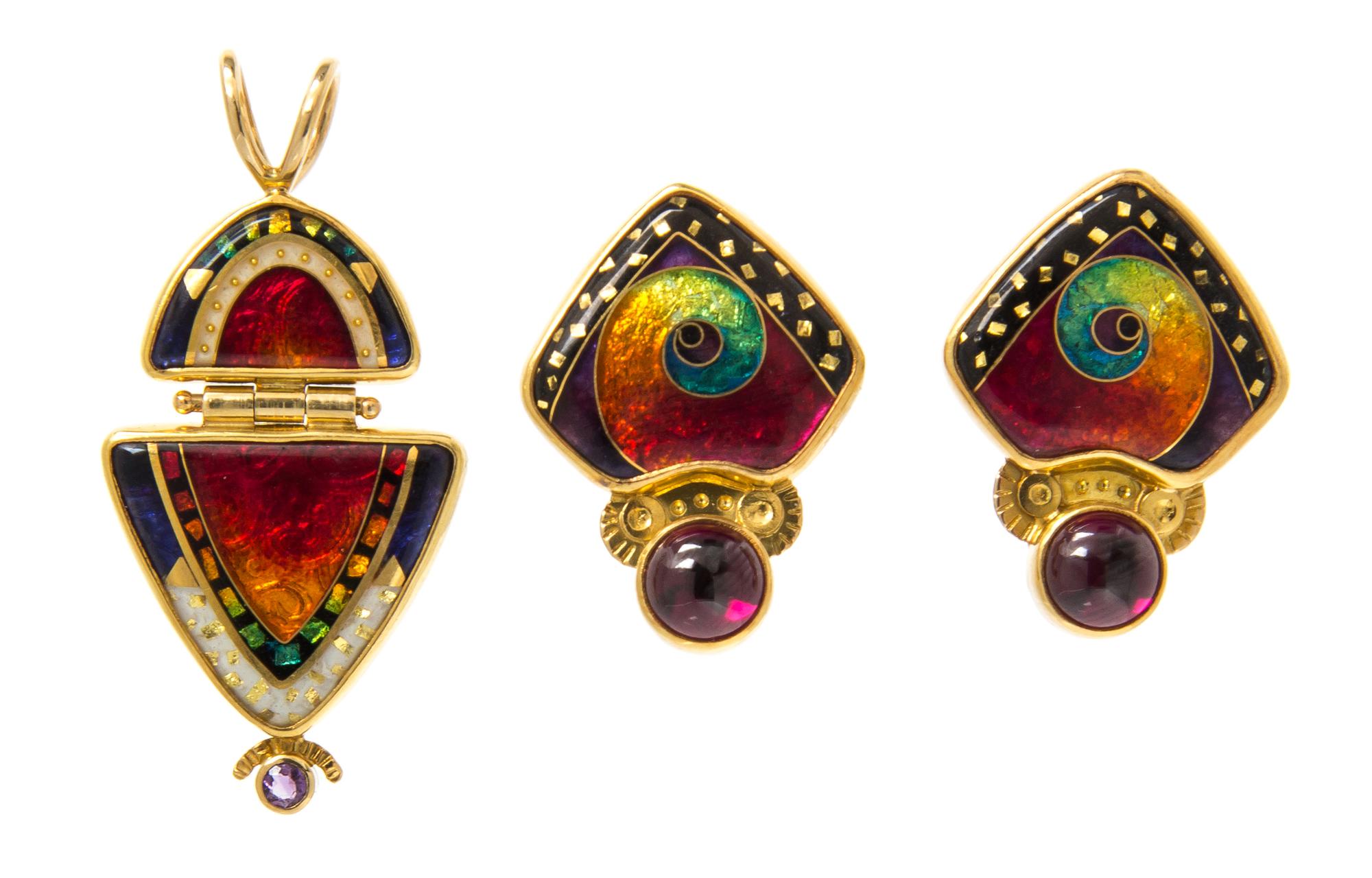 A Collection of 22 Karat, 18 Karat Yellow Gold, Amethyst and Polychrome Enamel Jewelry, 17.90 dwts.