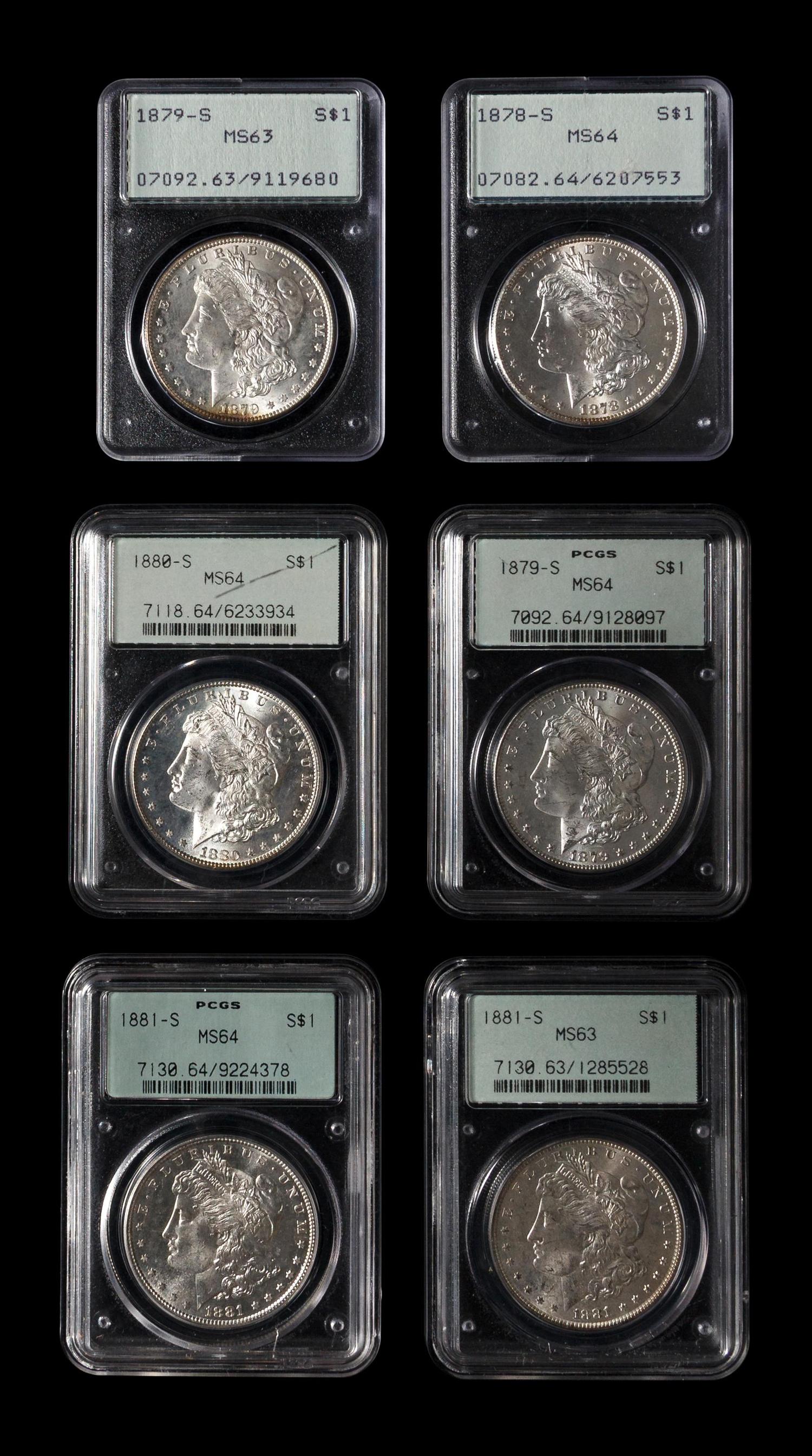 A Group of Six PCGS MS Graded Morgan $1 Coins
