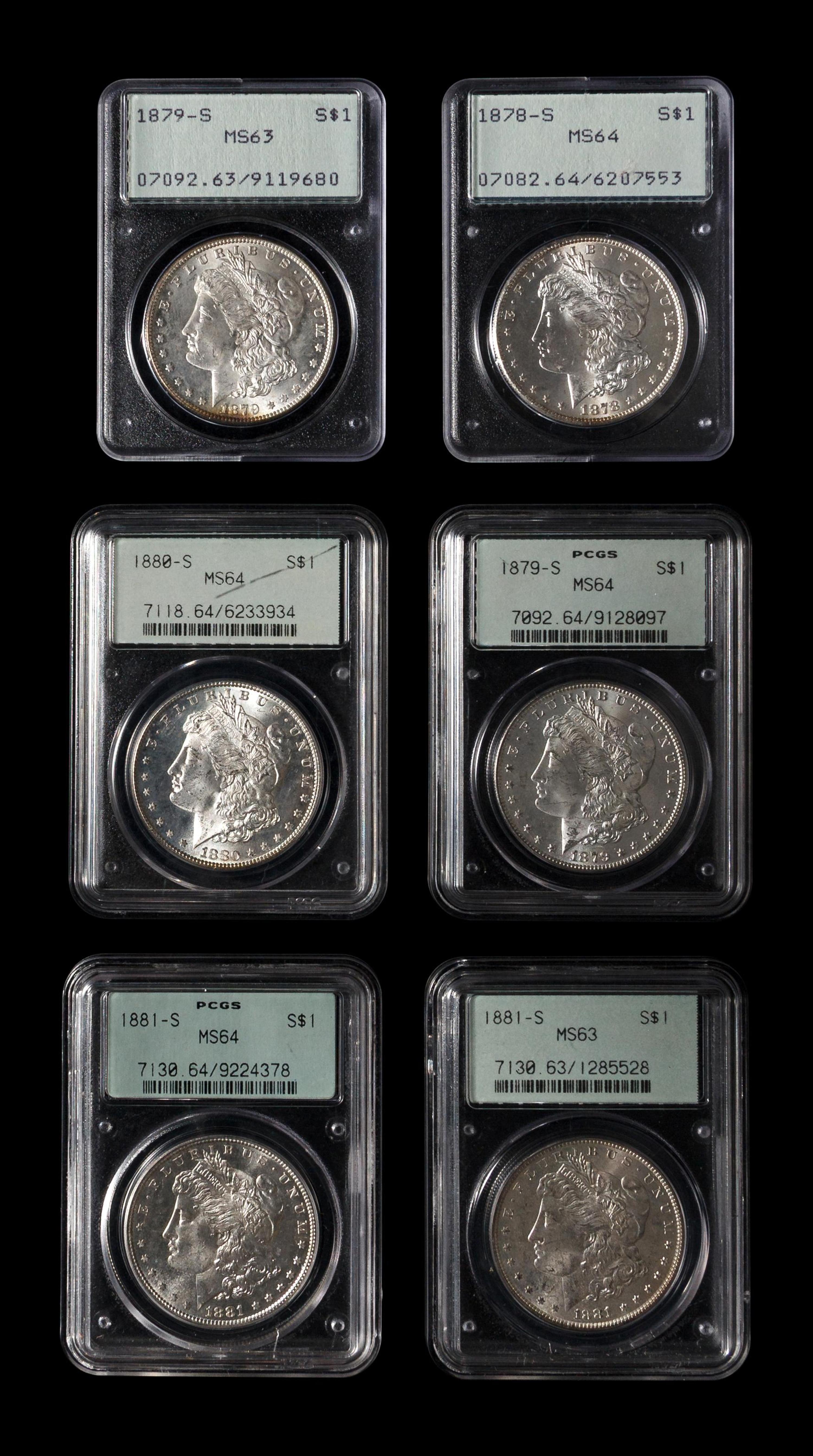 A Group of Six PCGS MS Graded Morgan $1 Coins