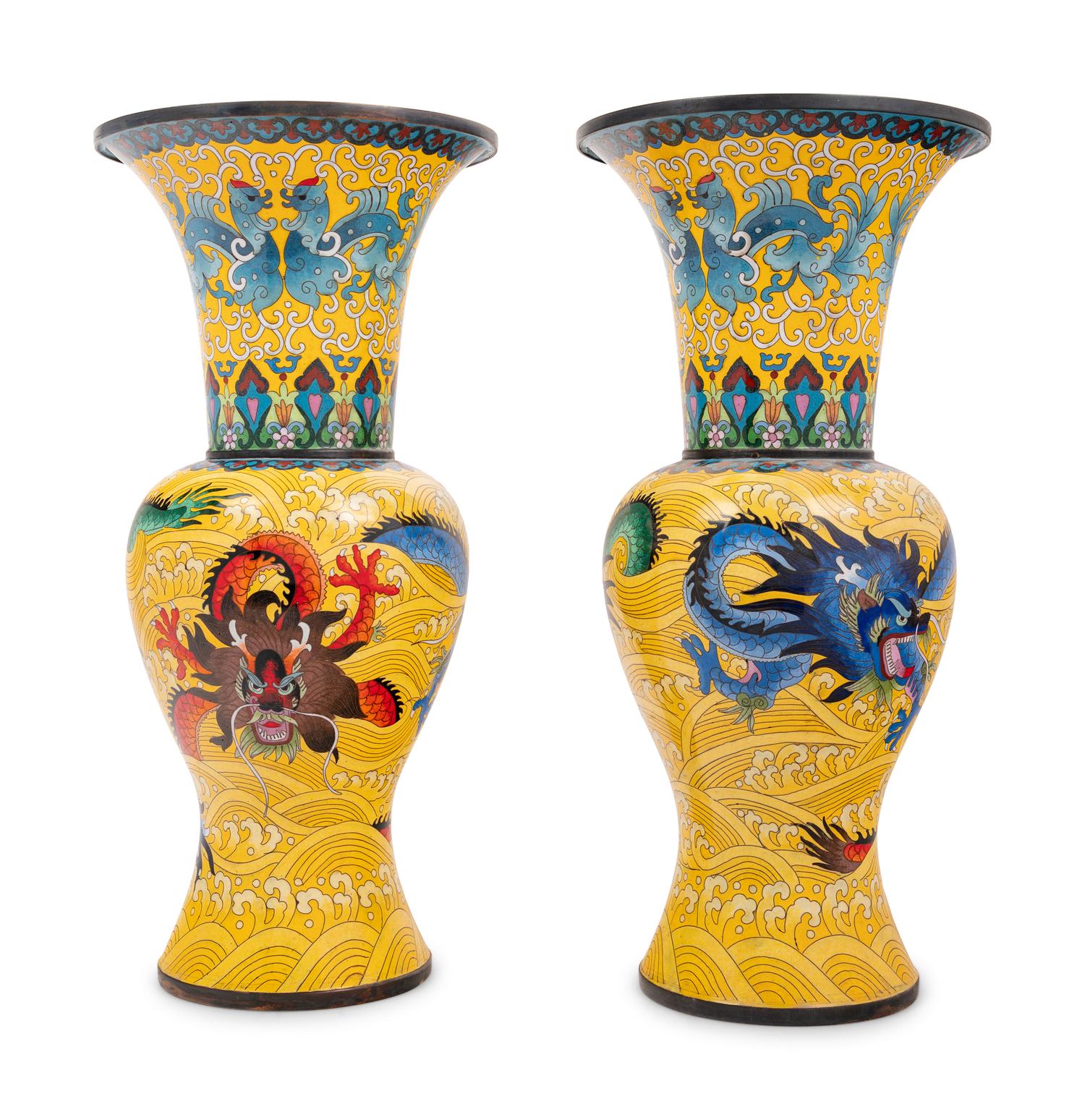 Seven Large Chinese Yellow Ground Cloisonné Enameled Vases