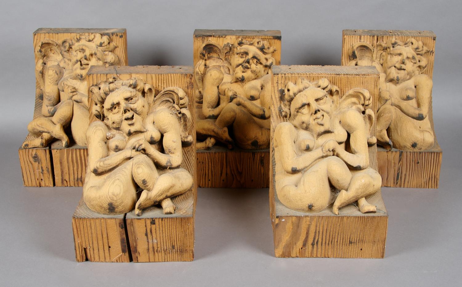 A Set of Five Continental Carved Pine Brackets, Height 9 3/4 inches.