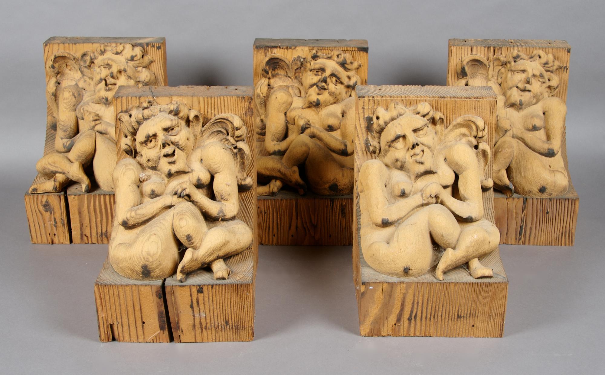 A Set of Five Continental Carved Pine Brackets, Height 9 3/4 inches.