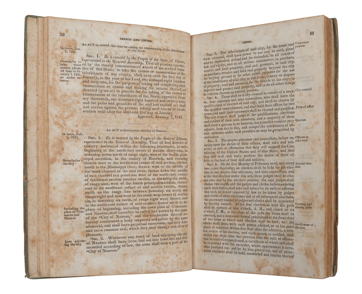 [MORMONISM]. Laws of the State of Illinois, Passed by the Twelfth General Assembly, at Their Session, begun and held at Springfield, on the seventh of December, one thousand eight hundred and forty . Springfield: Wm. Walters, 1841.