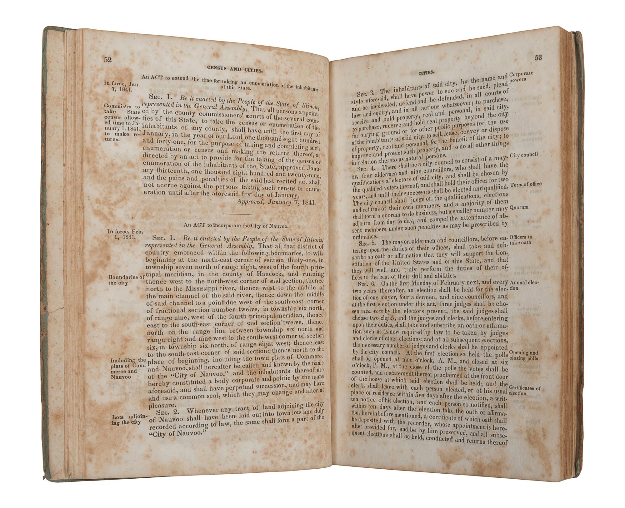 [MORMONISM]. Laws of the State of Illinois, Passed by the Twelfth General Assembly, at Their Session, begun and held at Springfield, on the seventh of December, one thousand eight hundred and forty . Springfield: Wm. Walters, 1841.
