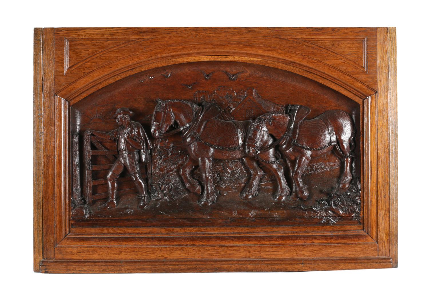 A Black Forest Style Carved Panel in Oak Frame Height 26 1/2 x width 38 inches. — 19TH CENTURY