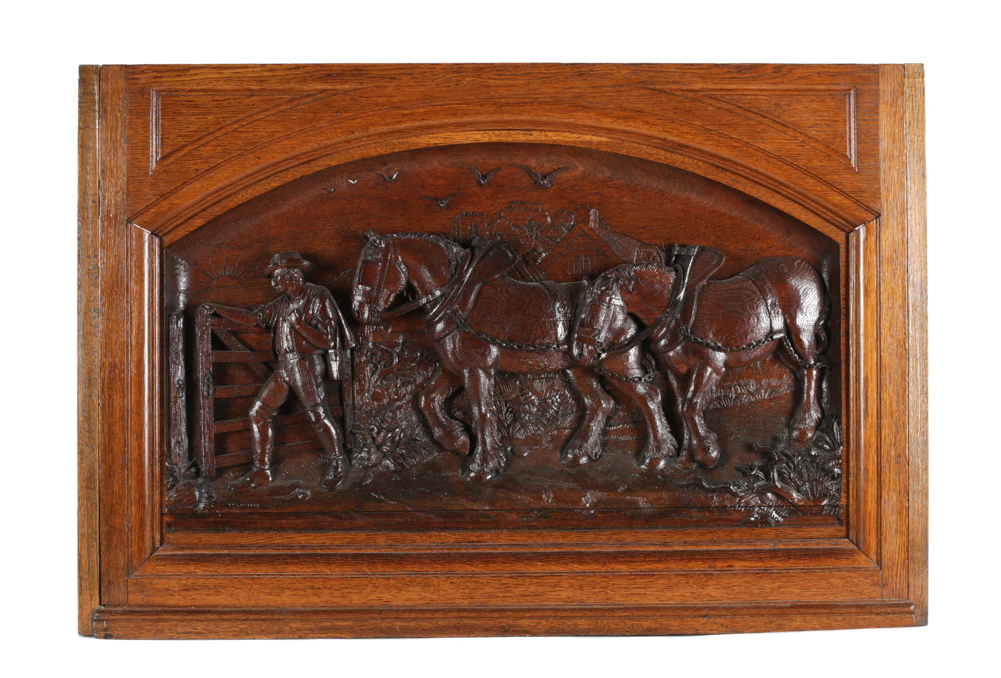A Black Forest Style Carved Panel in Oak Frame Height 26 1/2 x width 38 inches. — 19TH CENTURY