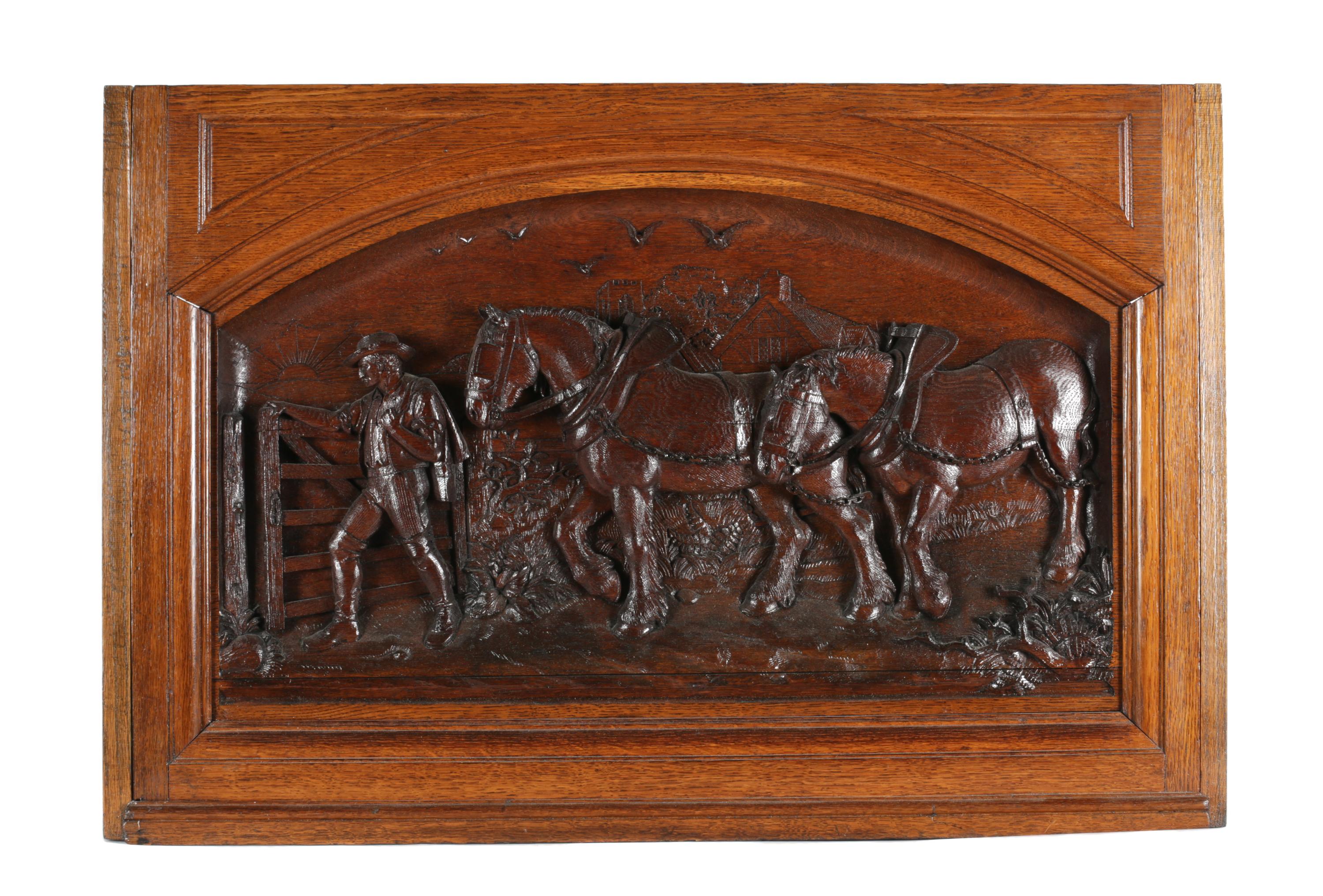 A Black Forest Style Carved Panel in Oak Frame Height 26 1/2 x width 38 inches. — 19TH CENTURY