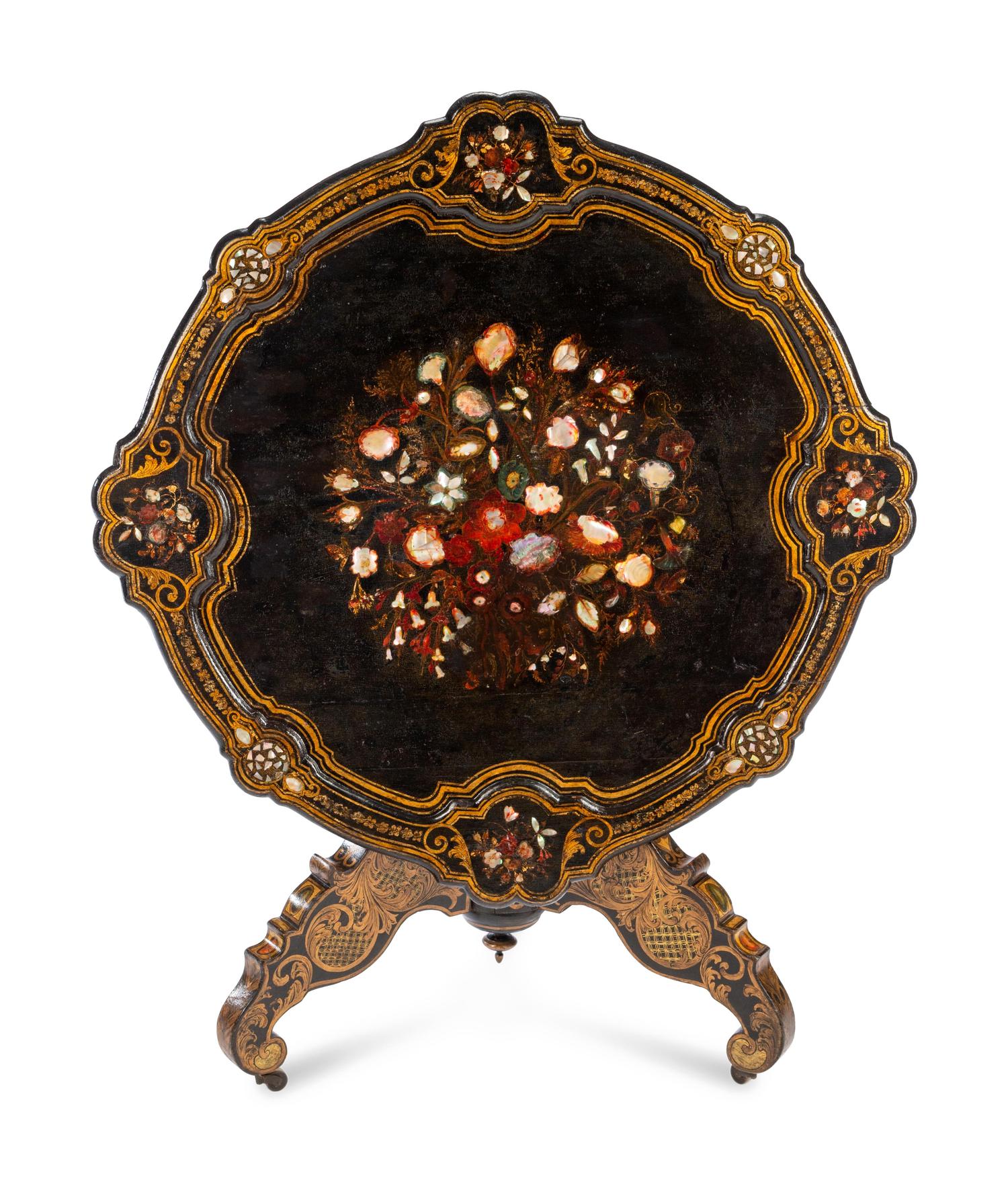 A Victorian Painted and Inlaid Papier-Mâché Center Table
