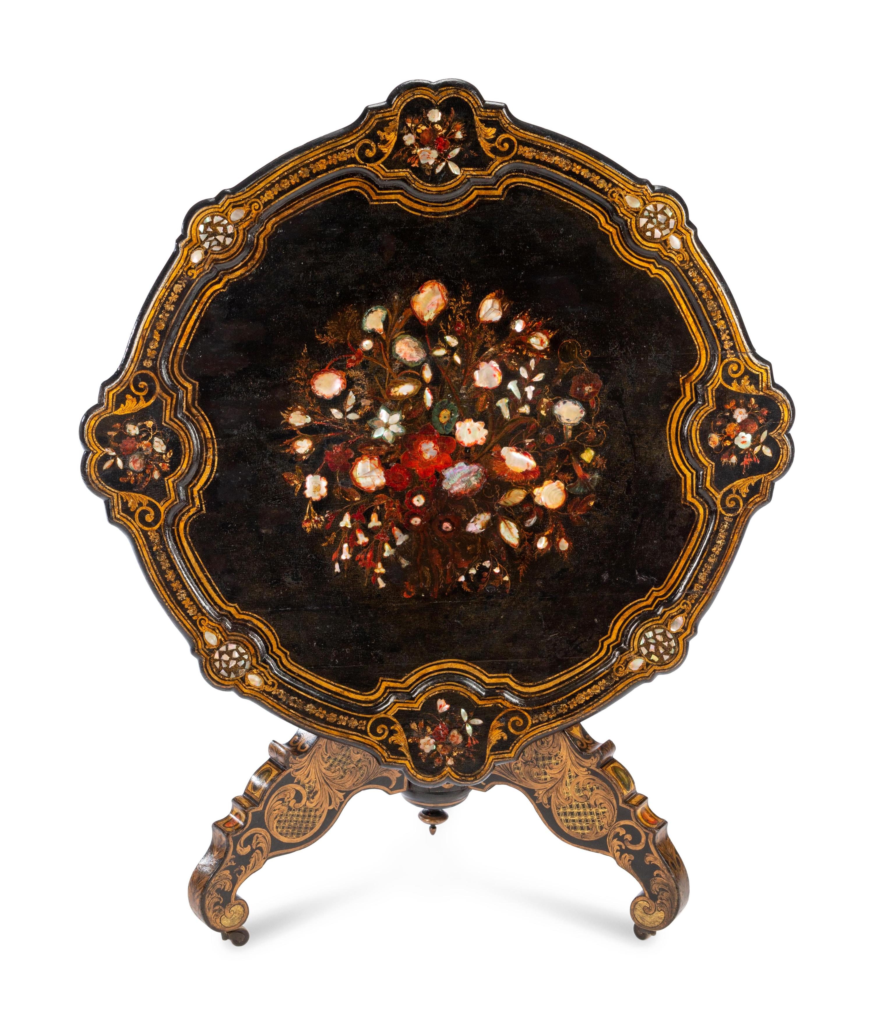 A Victorian Painted and Inlaid Papier-Mâché Center Table