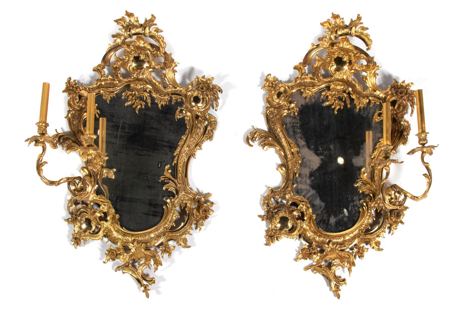 A Pair of Rococo Style Gilt-Metal Girandole Mirrors
