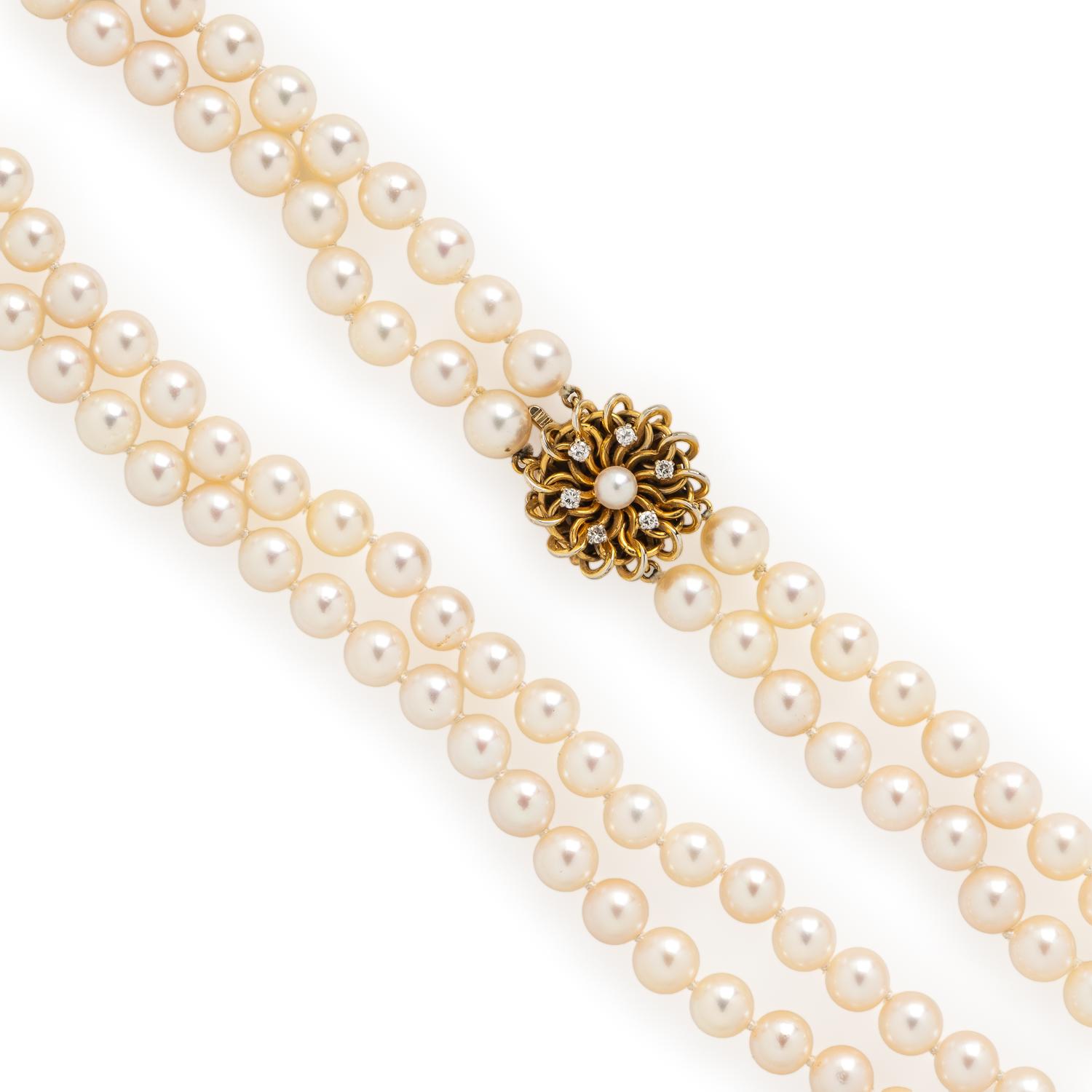 Cultured Pearl, Diamond, and Yellow Gold Necklace