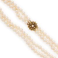 Cultured Pearl, Diamond, and Yellow Gold Necklace