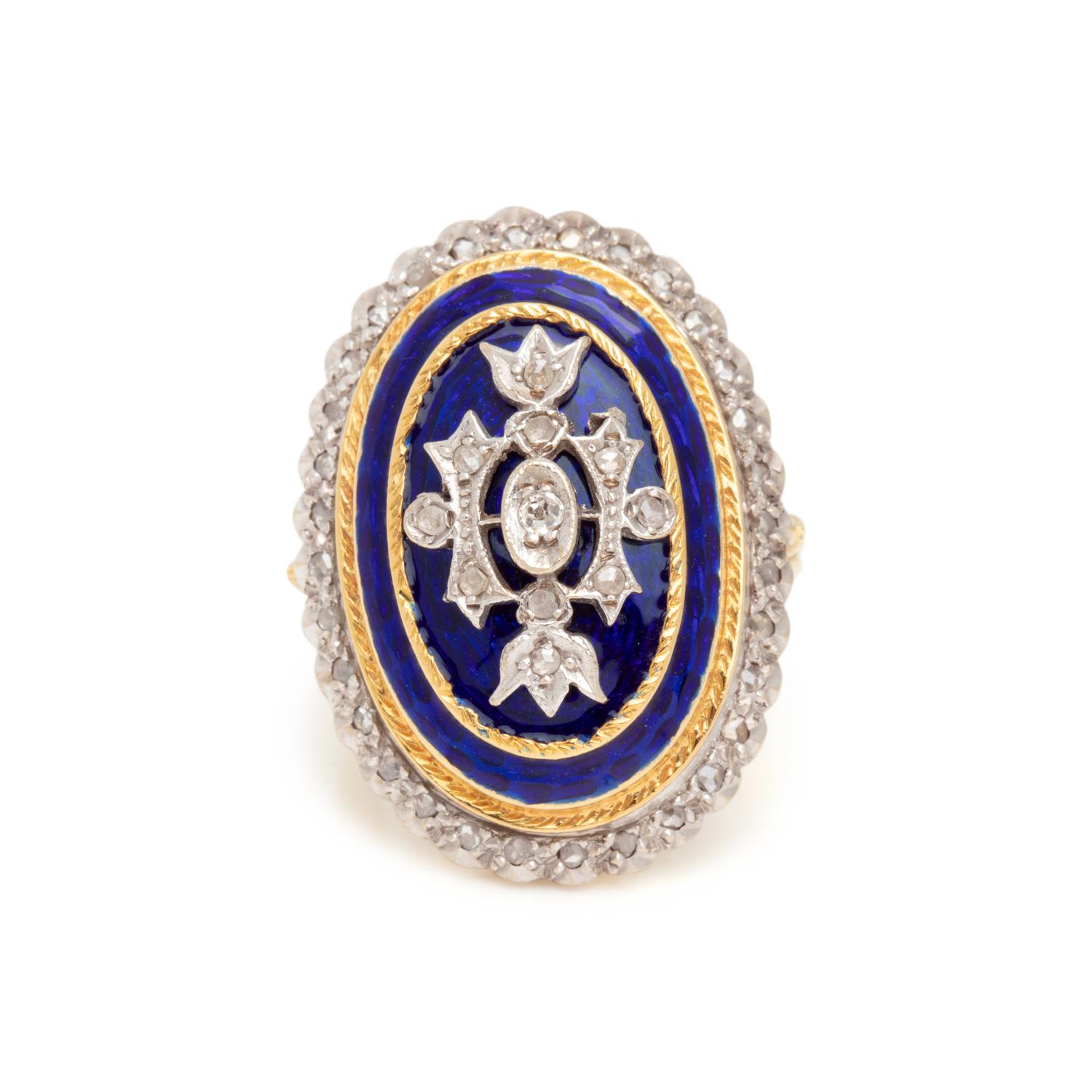 BRITISH, DIAMOND AND ENAMEL RING