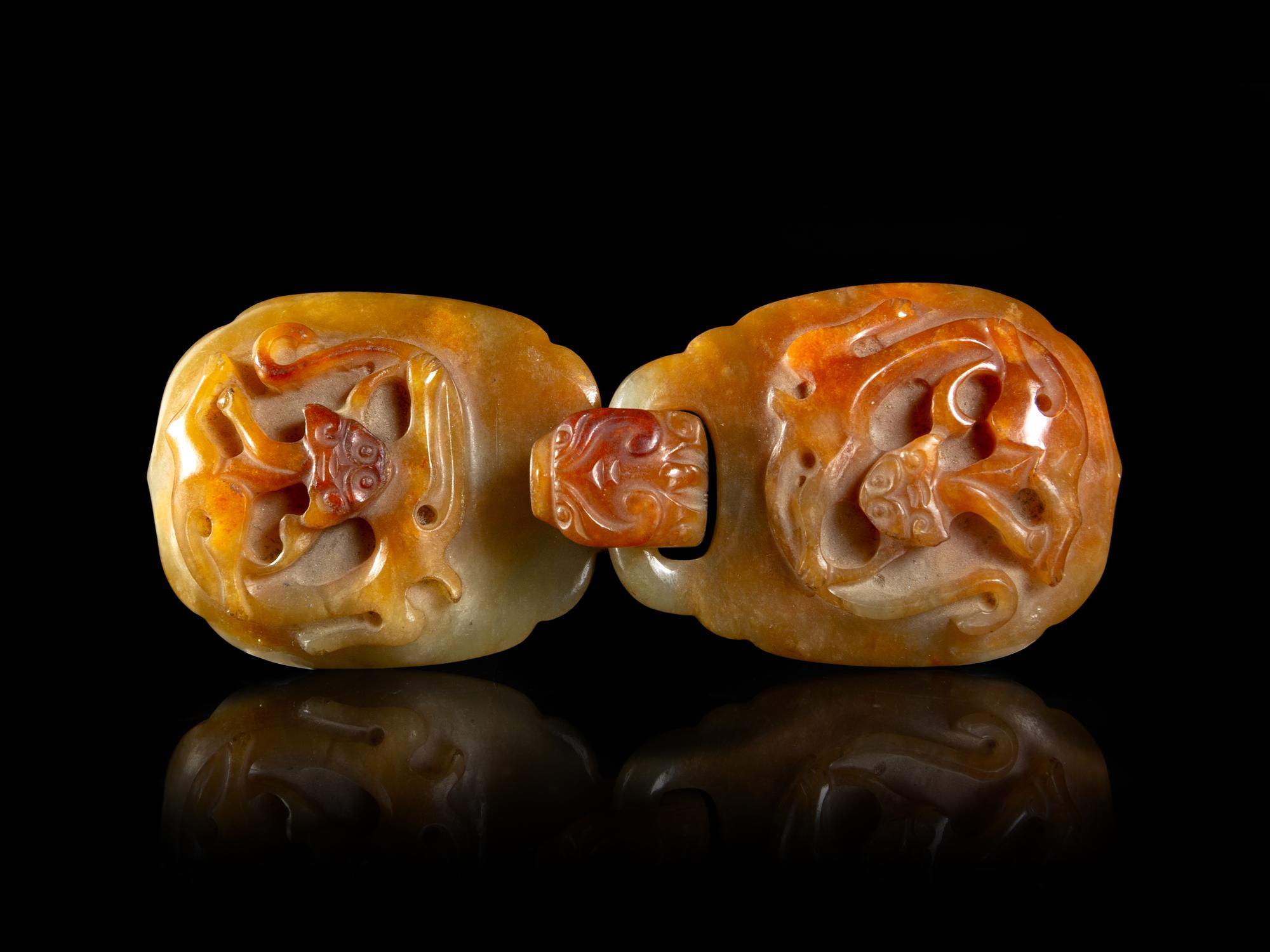 A Russet and Celedon Jade Two-Part Belt Buckle