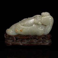 A Chinese celadon jade archaistic "Duck" water coupe and carved wood stand 青玉鸭形水丞配木底座 Qing dynasty ?