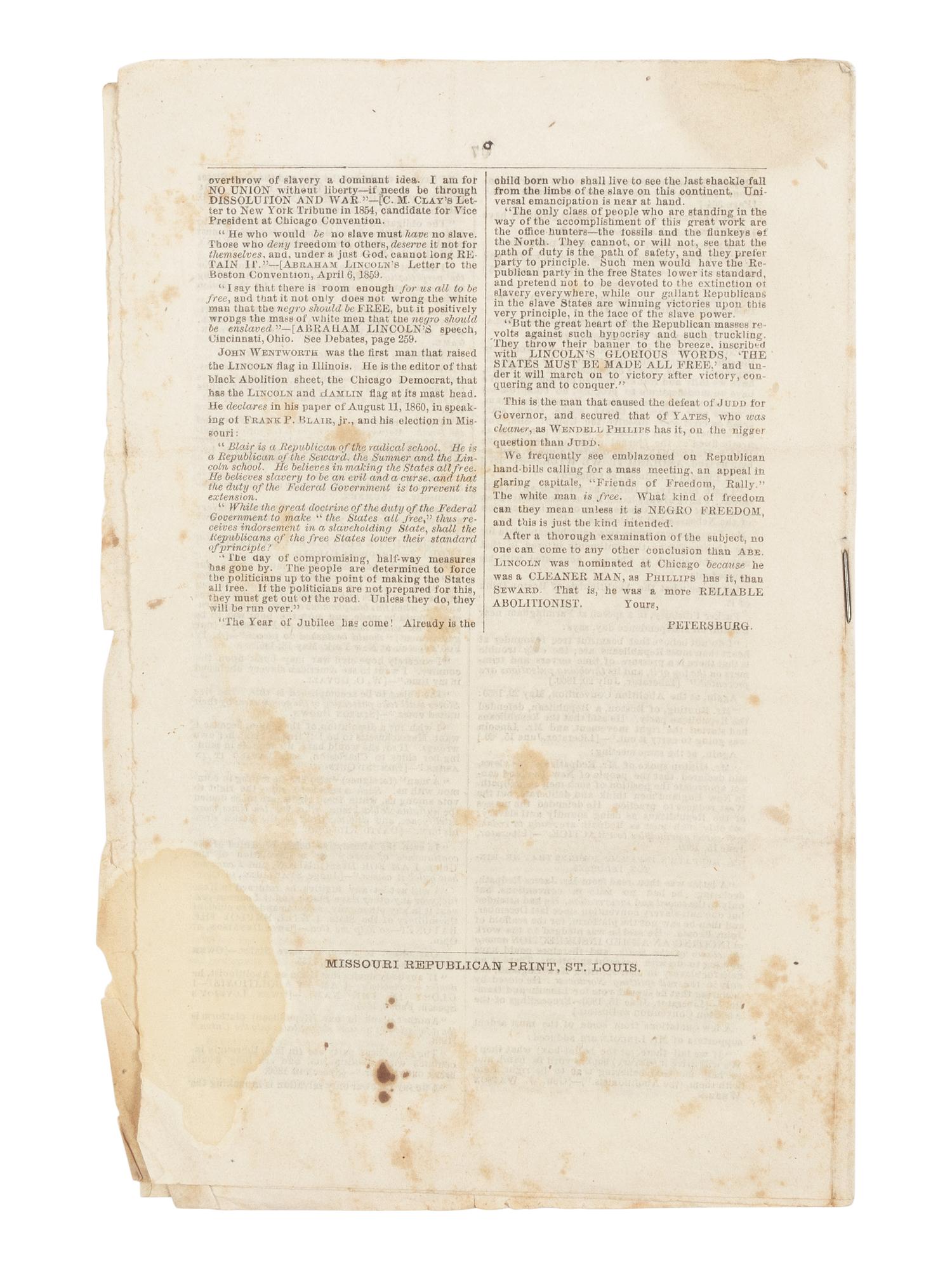 HILL, John (1839-1898). Lincoln's Abolitionism A Searching Analysis . St. Louis: Missouri Republican Print, [1860].