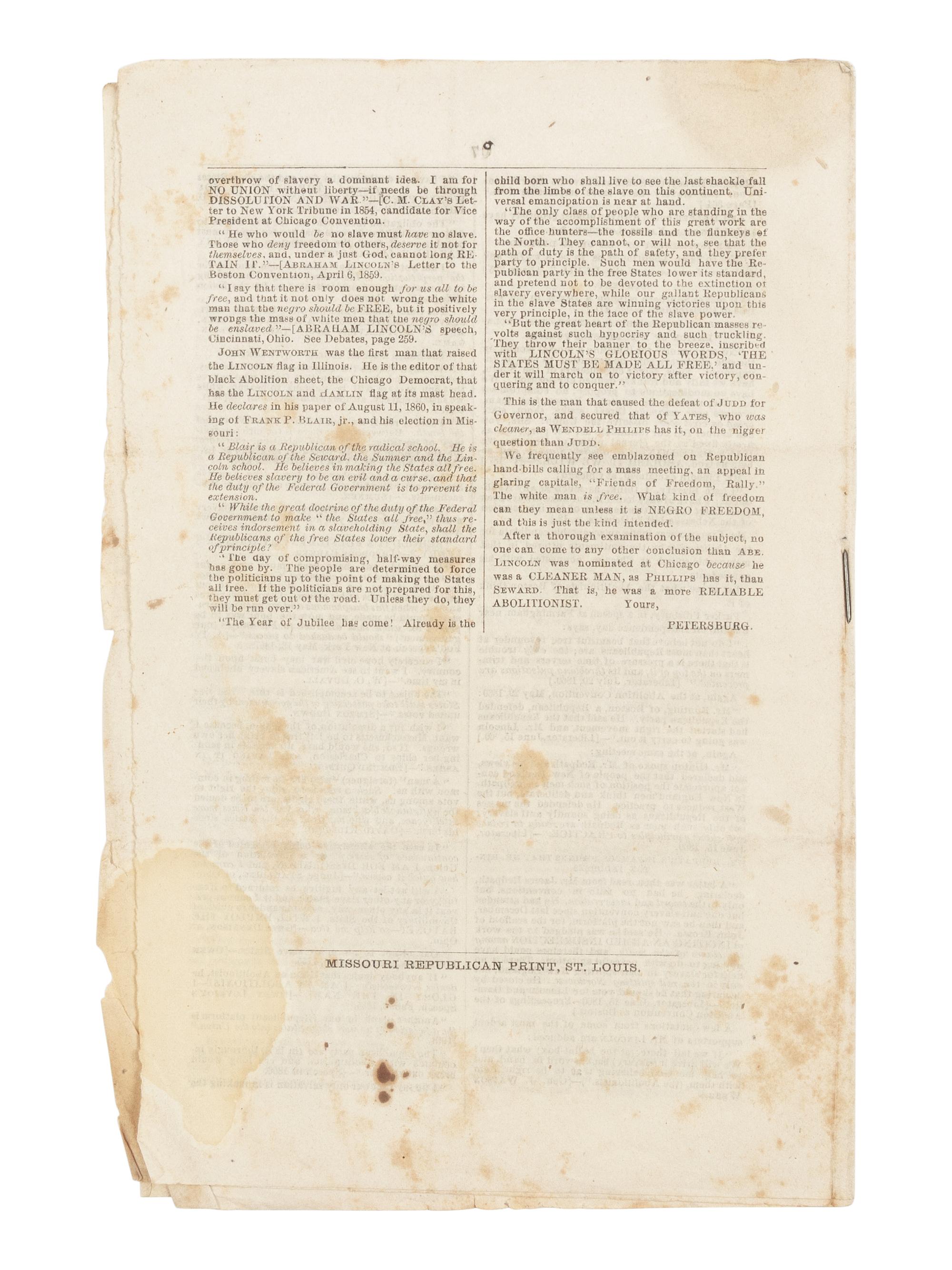 HILL, John (1839-1898). Lincoln's Abolitionism A Searching Analysis . St. Louis: Missouri Republican Print, [1860].