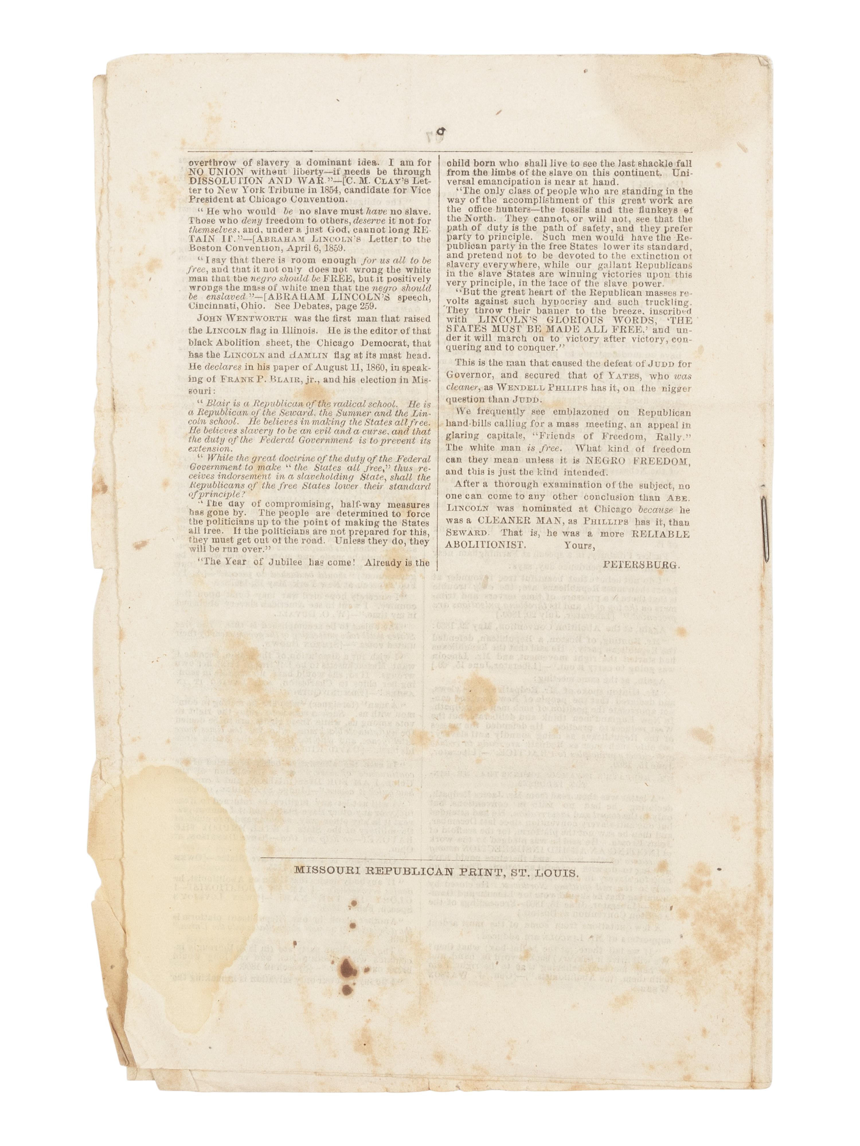HILL, John (1839-1898). Lincoln's Abolitionism A Searching Analysis . St. Louis: Missouri Republican Print, [1860].
