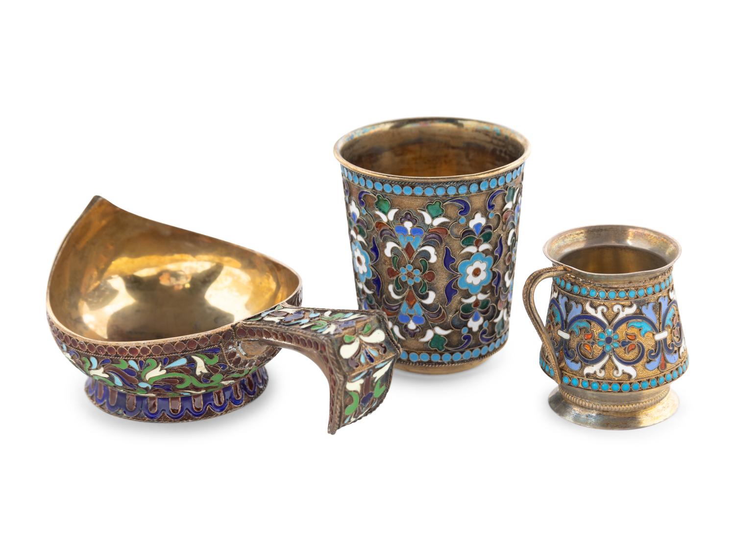Three Russian Enameled Silver Articles