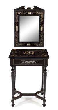 An Italian Ebony and Marquetry Table and Mirror Height 29 1/4 x width 20 3/4 x depth 19 inches. — 19TH CENTURY