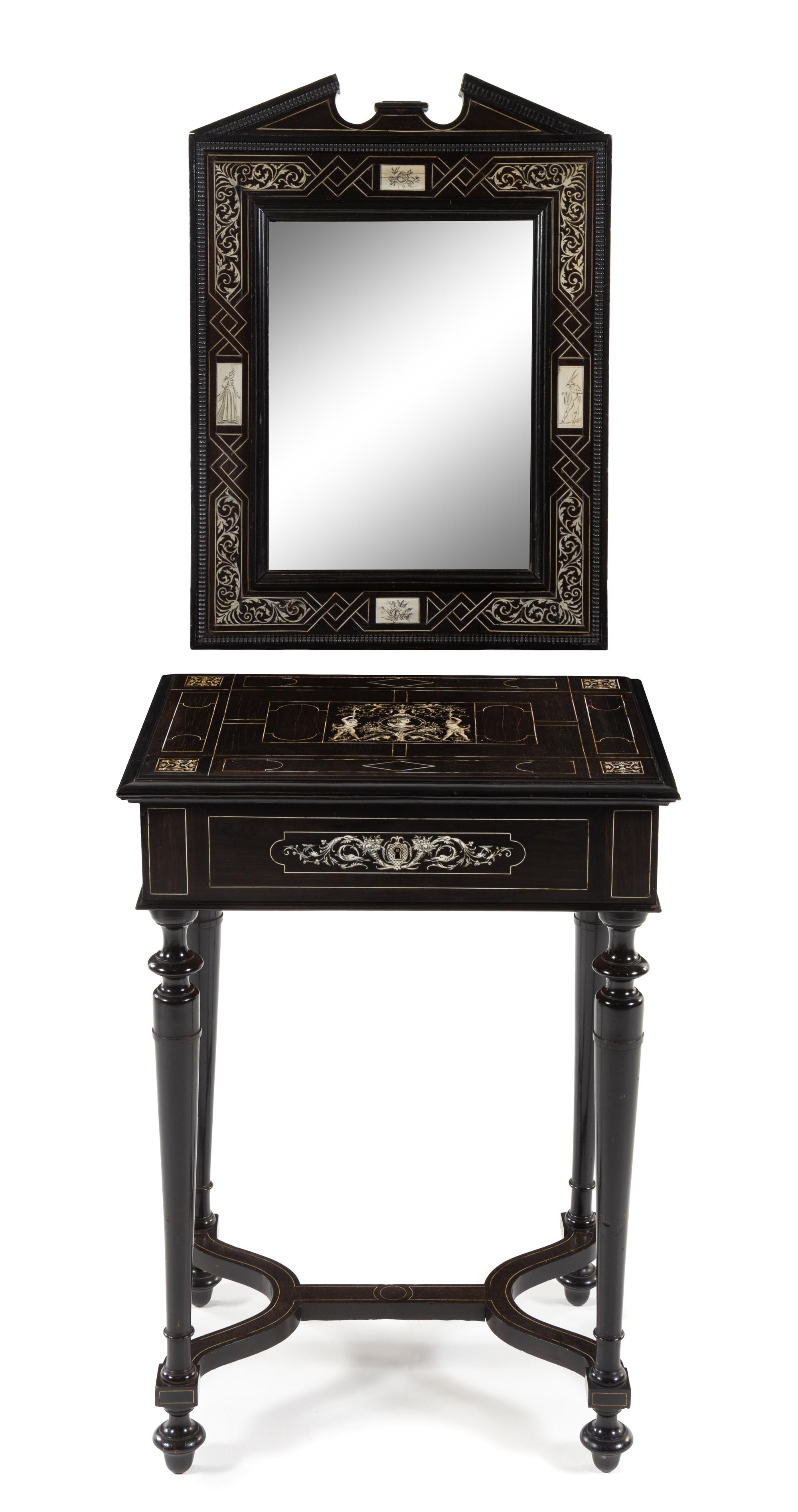 An Italian Ebony and Marquetry Table and Mirror Height 29 1/4 x width 20 3/4 x depth 19 inches. — 19TH CENTURY
