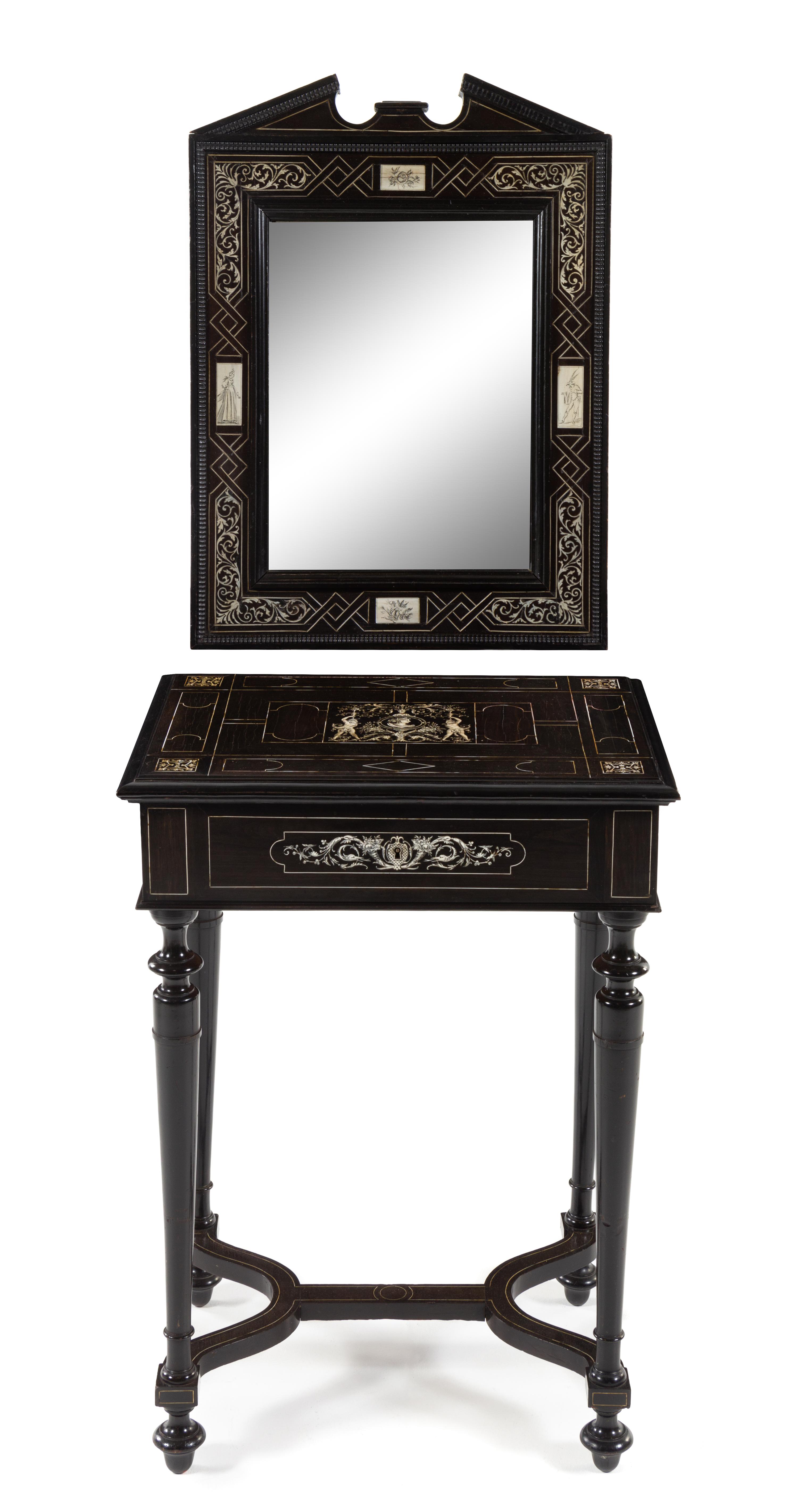 An Italian Ebony and Marquetry Table and Mirror Height 29 1/4 x width 20 3/4 x depth 19 inches. — 19TH CENTURY