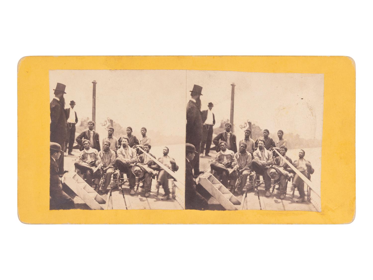 [EARLY PHOTOGRAPHY]. Stereoview featuring a group of African American convicts from Mobile, AL.
