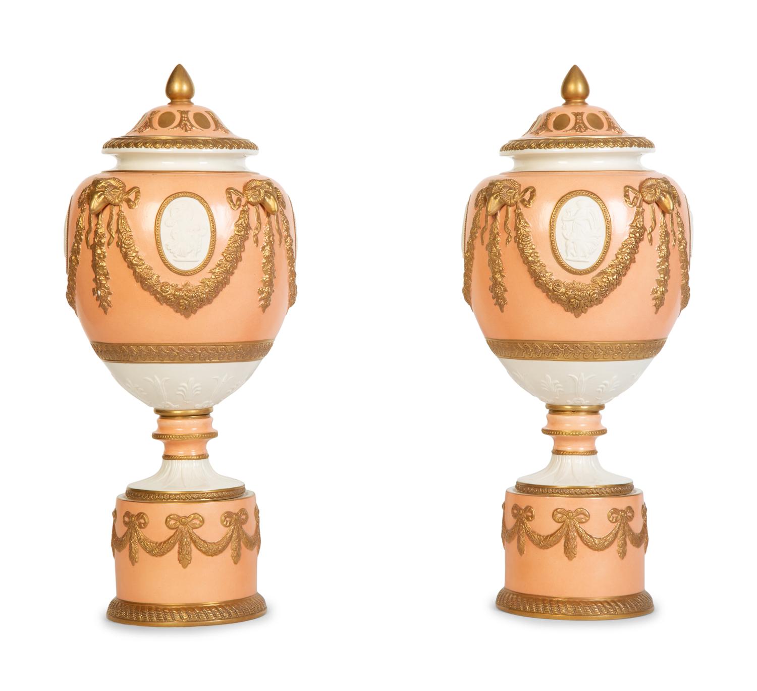 A Pair of Italian Neoclassical Style Porcelain Lidded Urns — 19th/20th Century