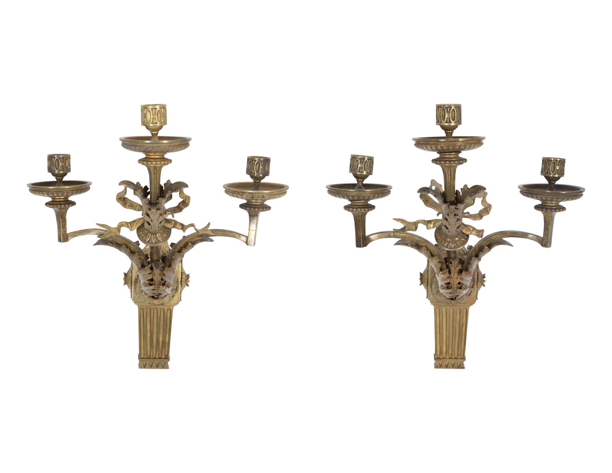 A Pair of Empire Style Gilt Bronze Three-Light Sconces