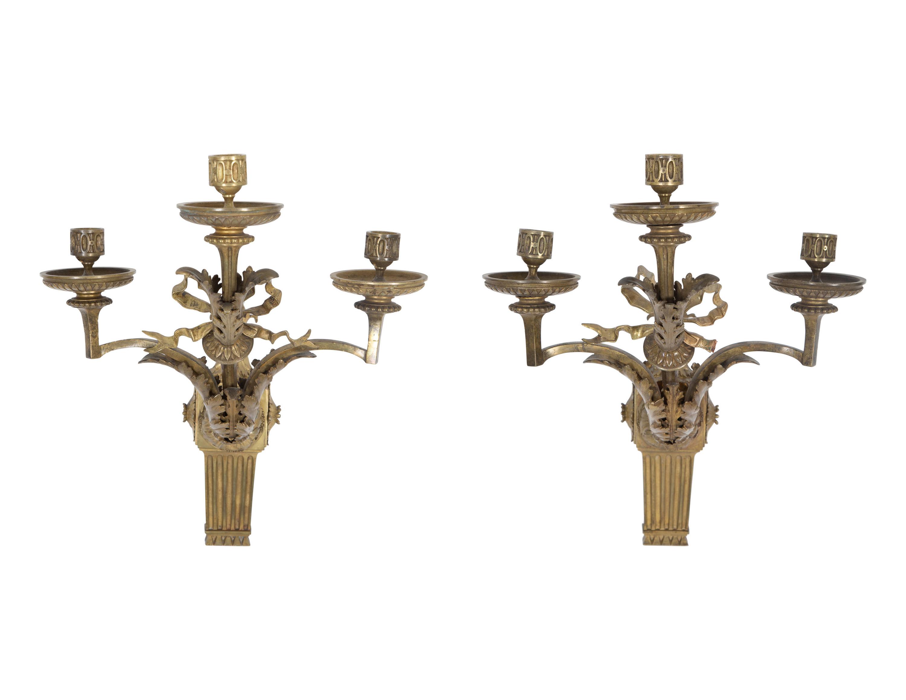 A Pair of Empire Style Gilt Bronze Three-Light Sconces