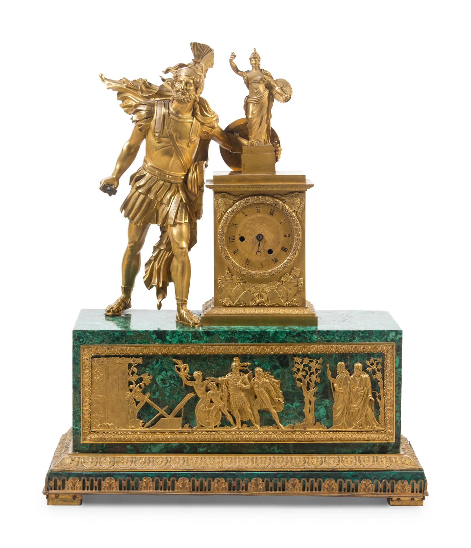 A French Gilt Bronze and Malachite Mantel Clock
