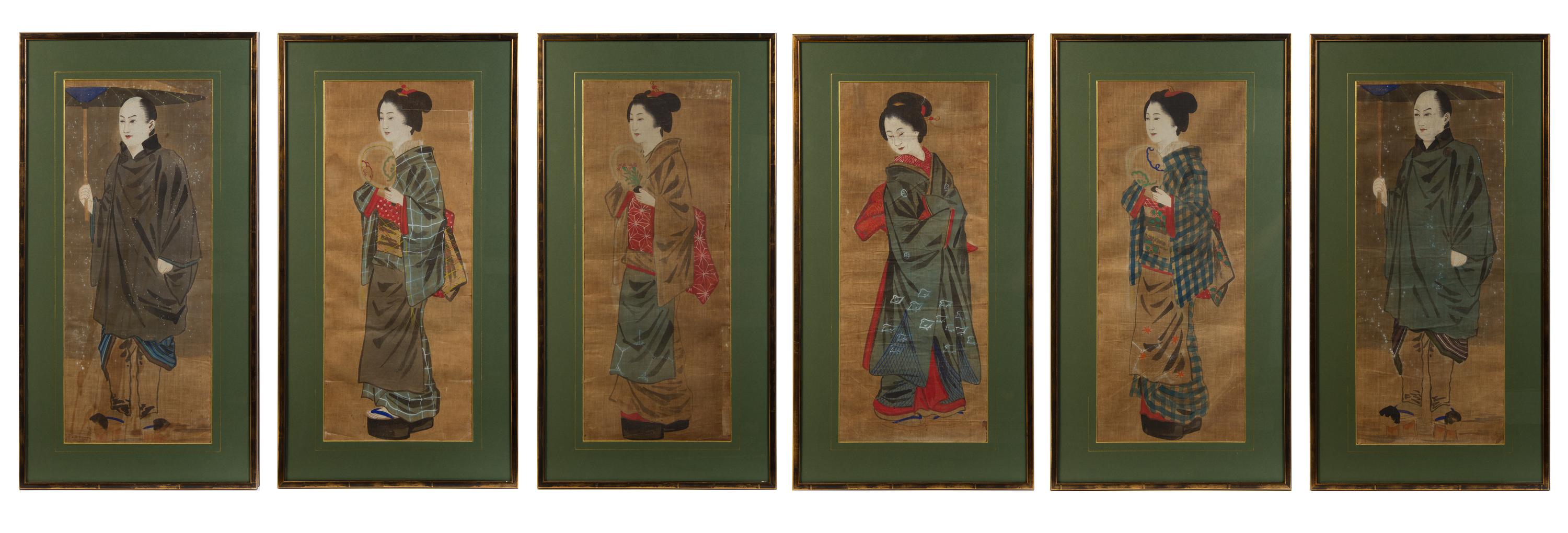 A Set of Six Japanese Paintings on Silk Each 26 1/4 x 10 1/2 inches. — 19TH CENTURY