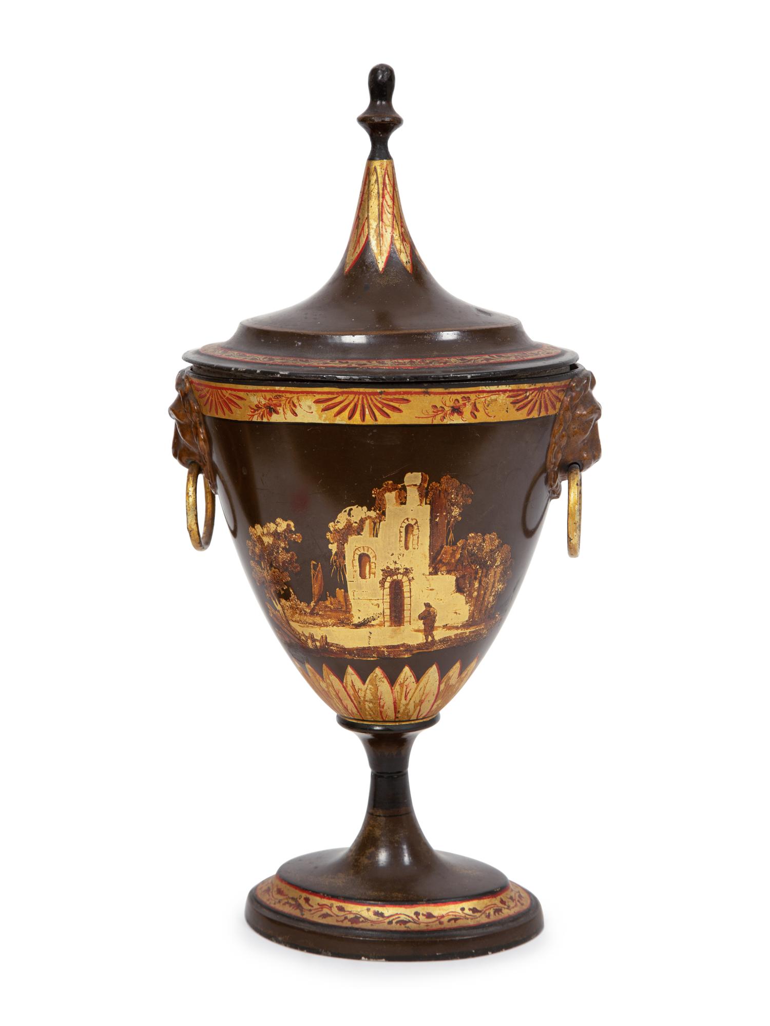 A Pair of Regency Parcel-Gilt Tôle Peinte Urns