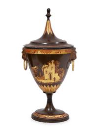 A Pair of Regency Parcel-Gilt Tôle Peinte Urns
