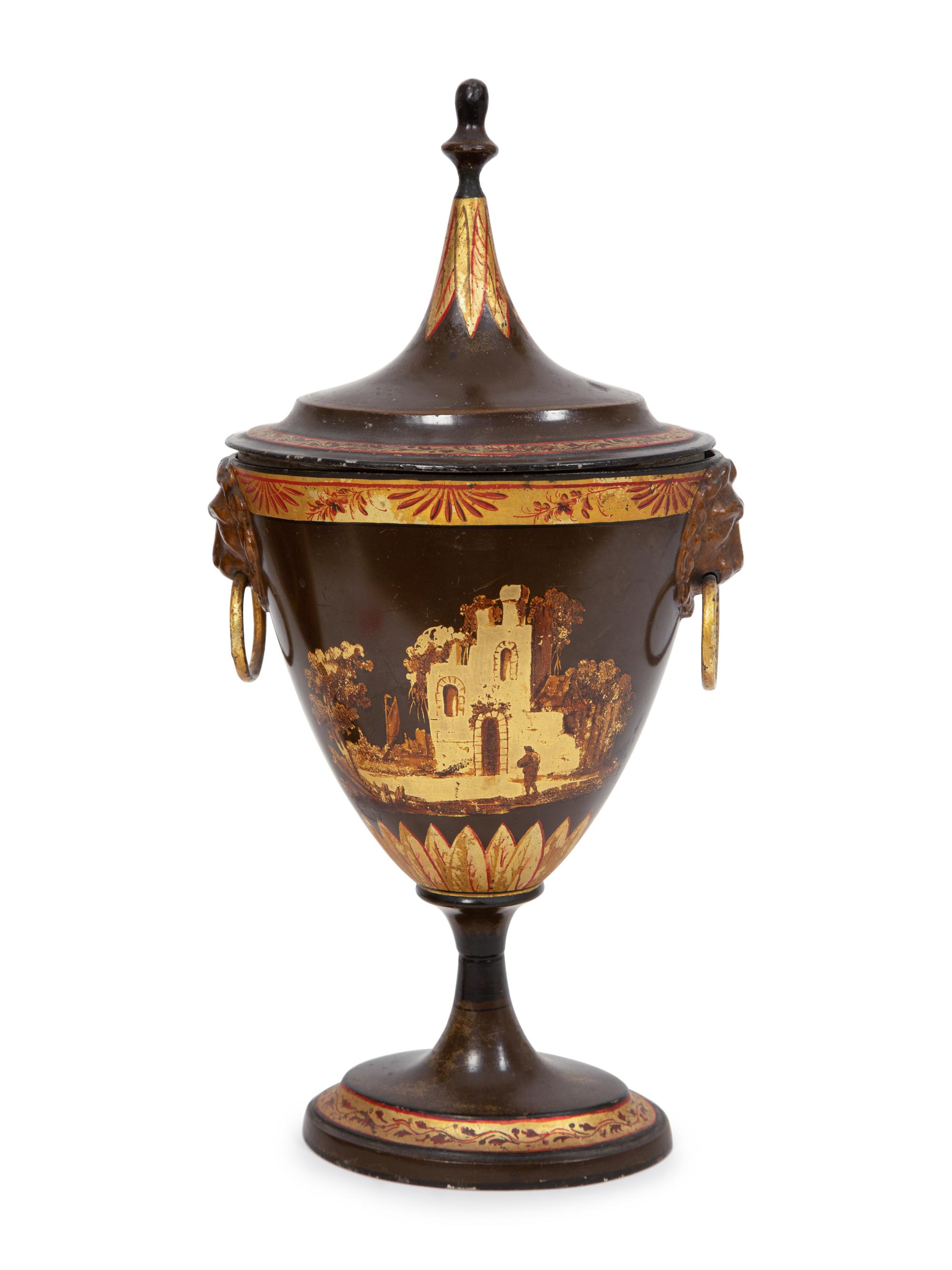 A Pair of Regency Parcel-Gilt Tôle Peinte Urns