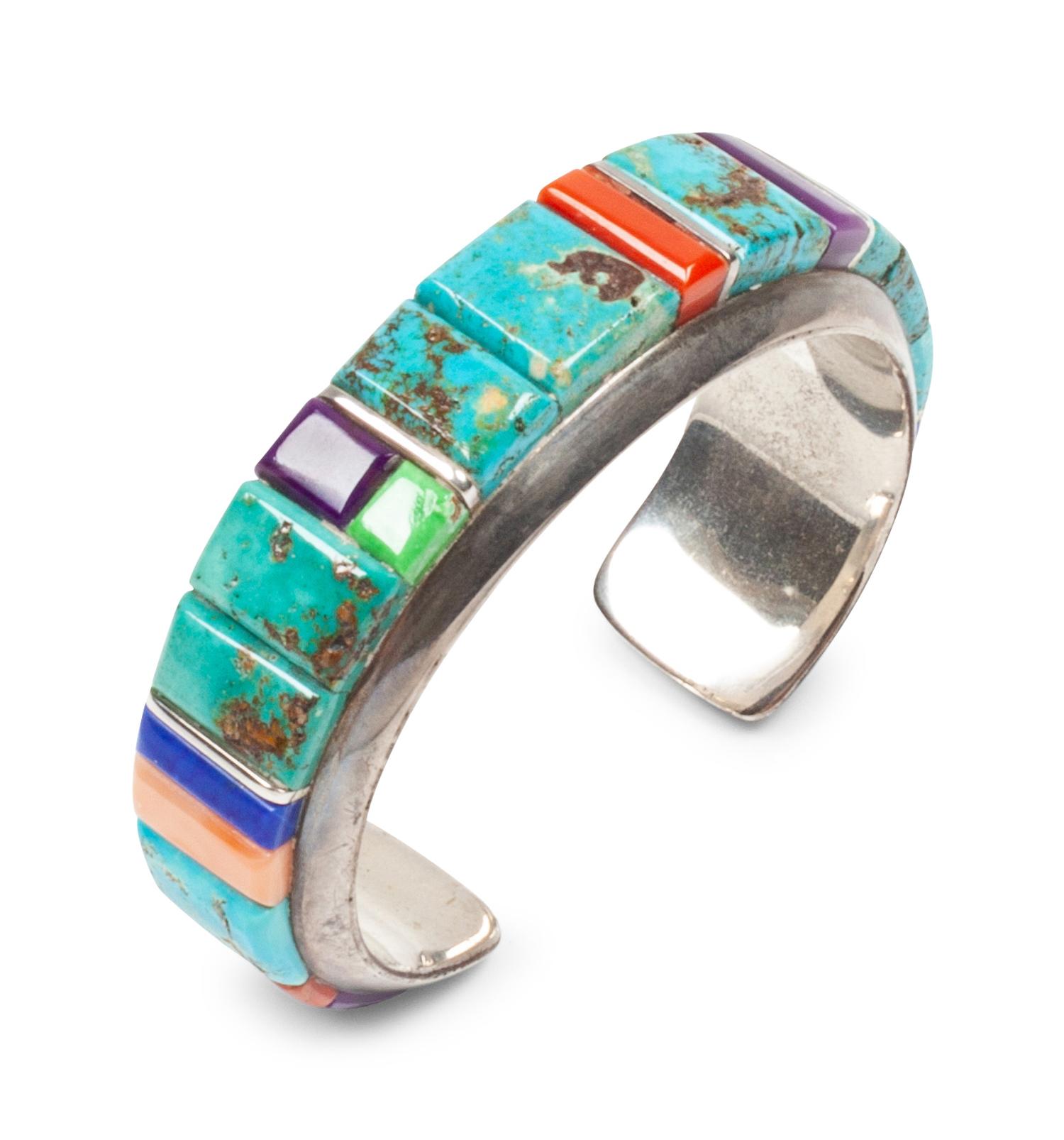 Sterling silver cuff bracelet with turquoise, coral, sugilite, and lapis mosaic inlay