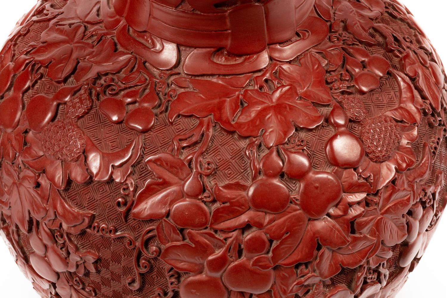 A Pair of Chinese Export Carved Red Lacquer Double Gourd Vases and Covers