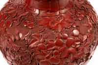 A Pair of Chinese Export Carved Red Lacquer Double Gourd Vases and Covers