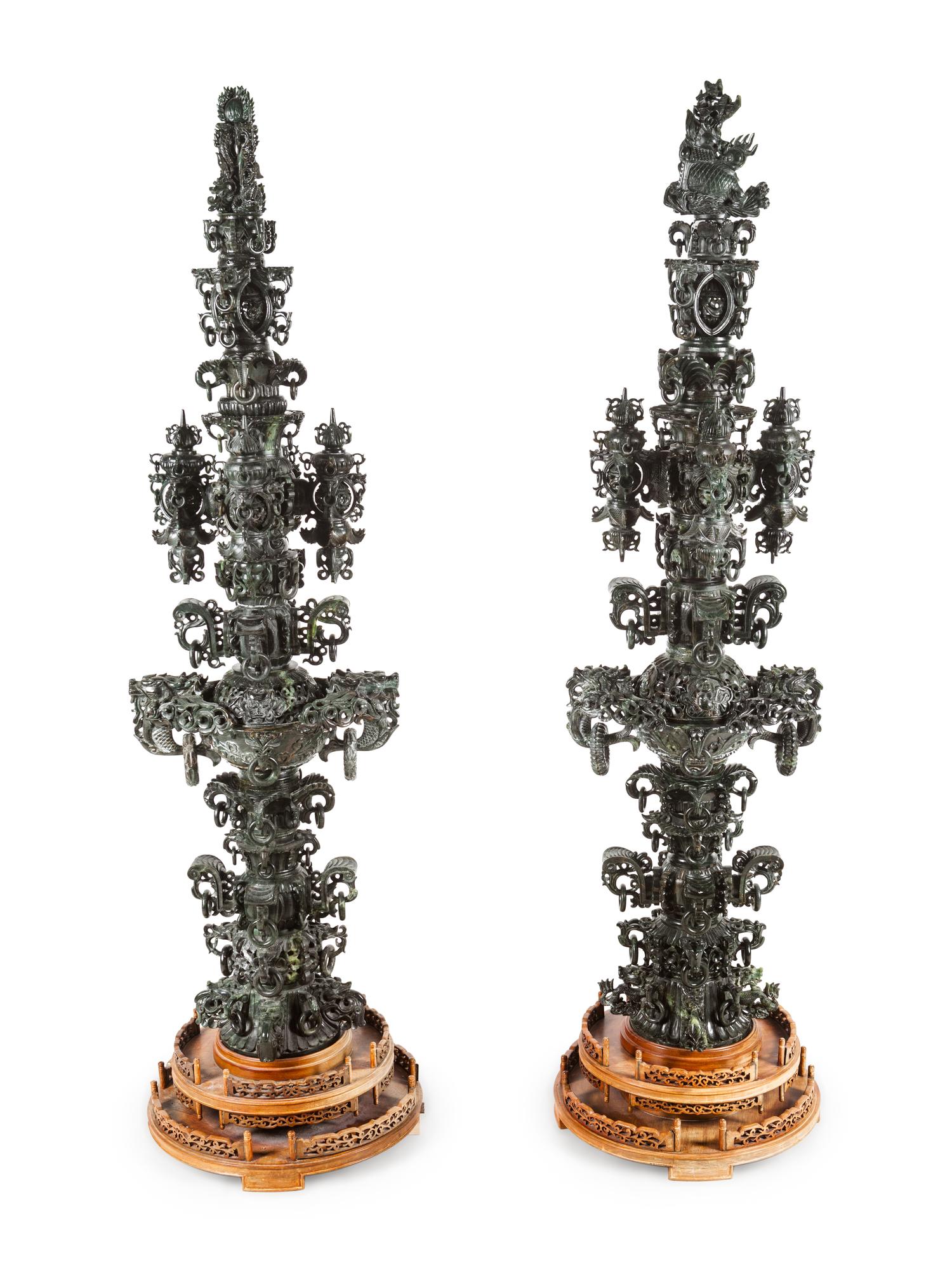 A Pair of Large Chinese Export Carved Hardstone Vessels