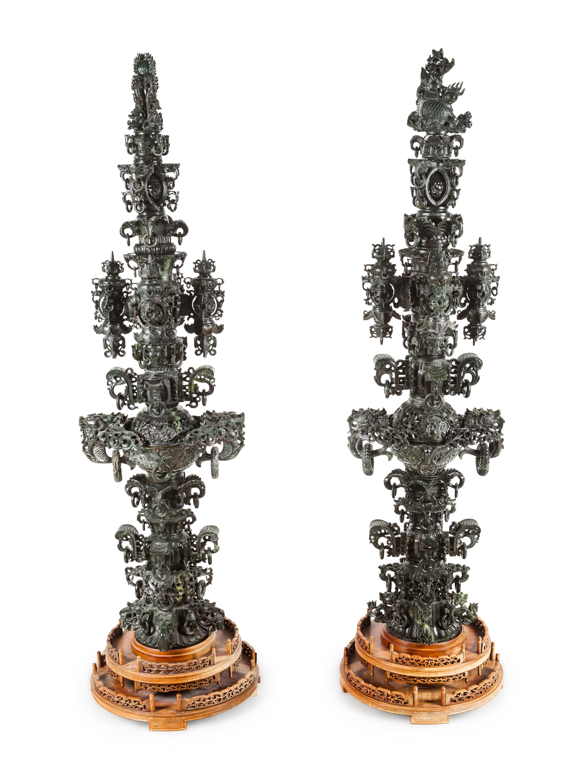 A Pair of Large Chinese Export Carved Hardstone Vessels