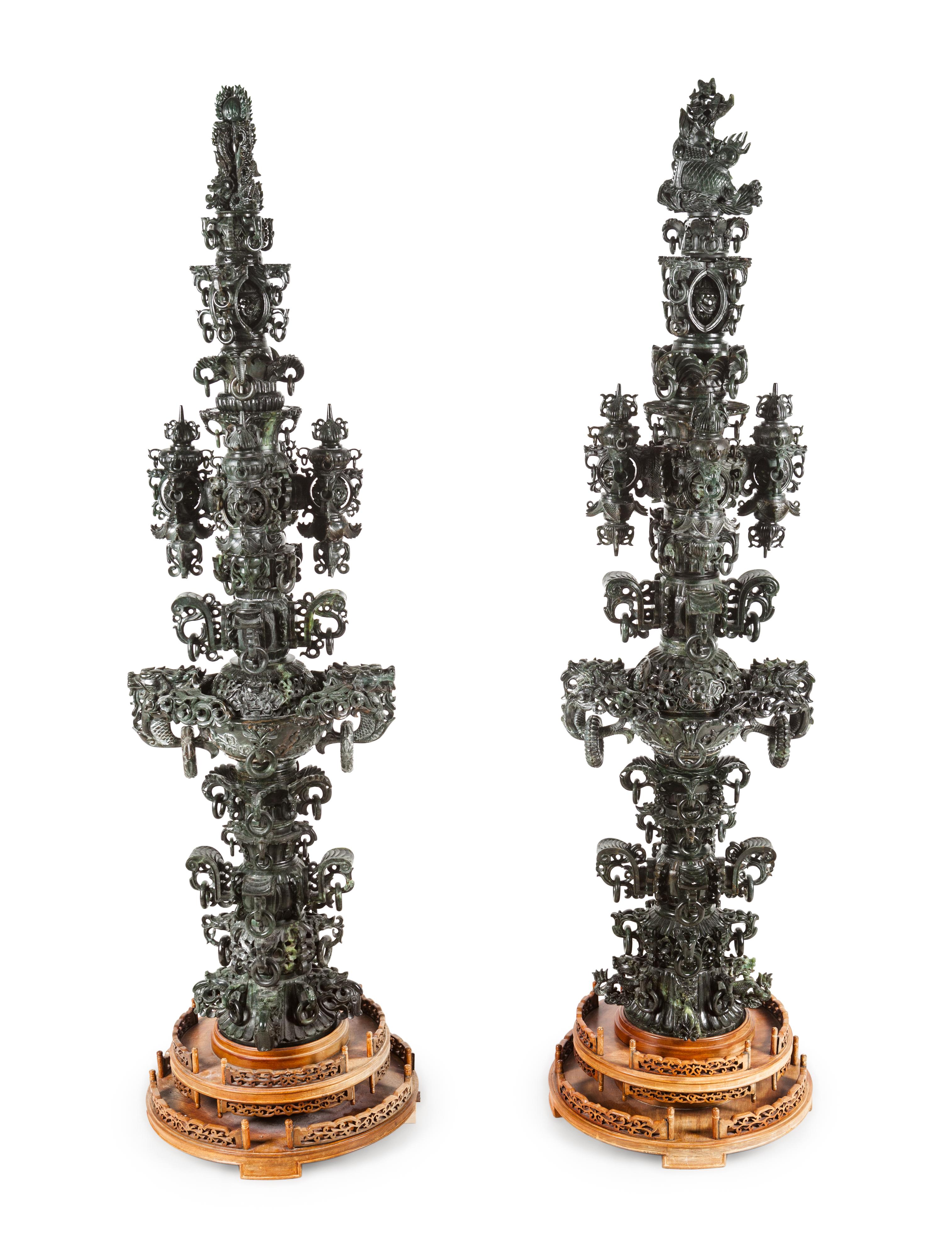 A Pair of Large Chinese Export Carved Hardstone Vessels