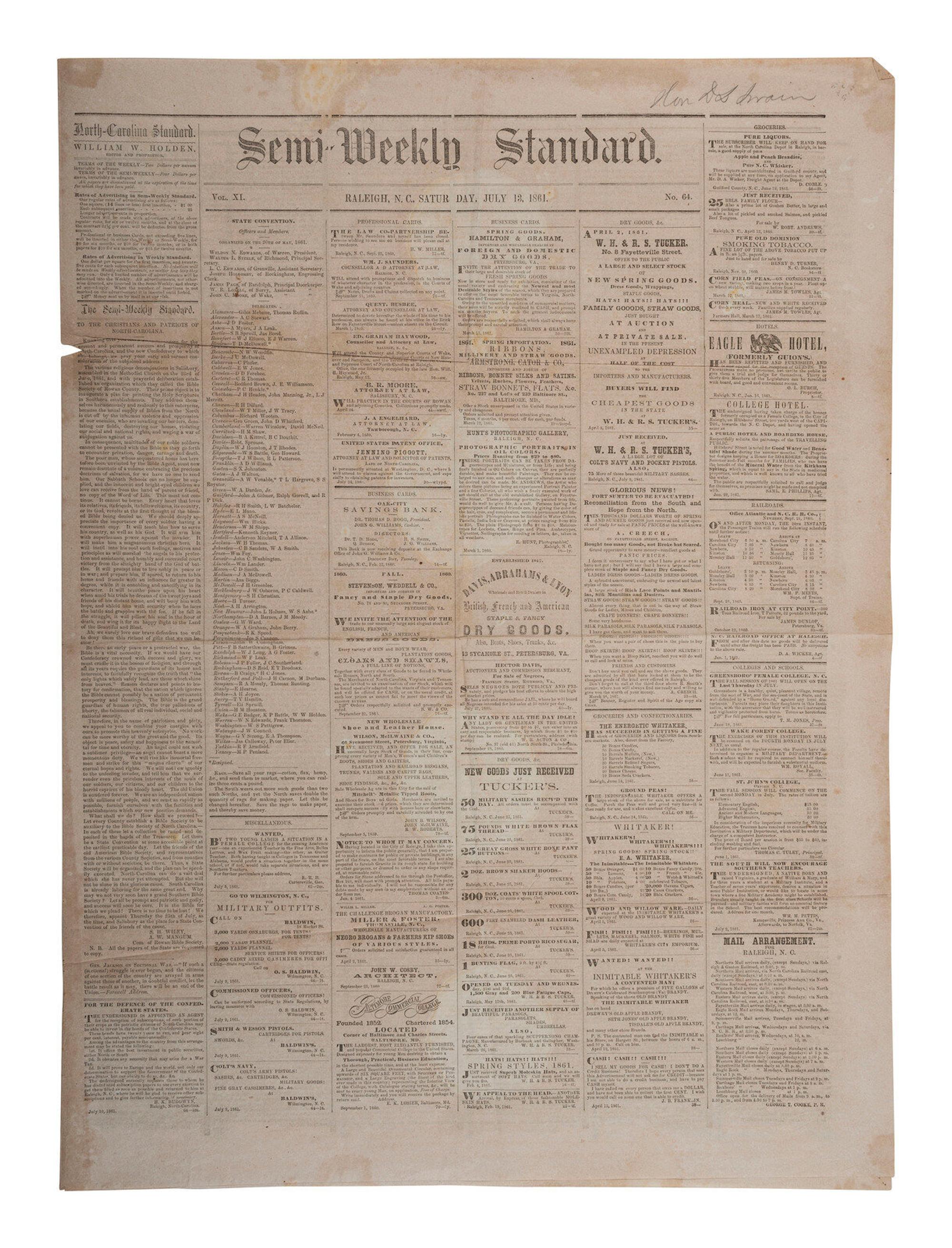 [CIVIL WAR]. 4 war-date newspapers, incl. capture of Fort Sumter and Lee's surrender at Appomattox.
