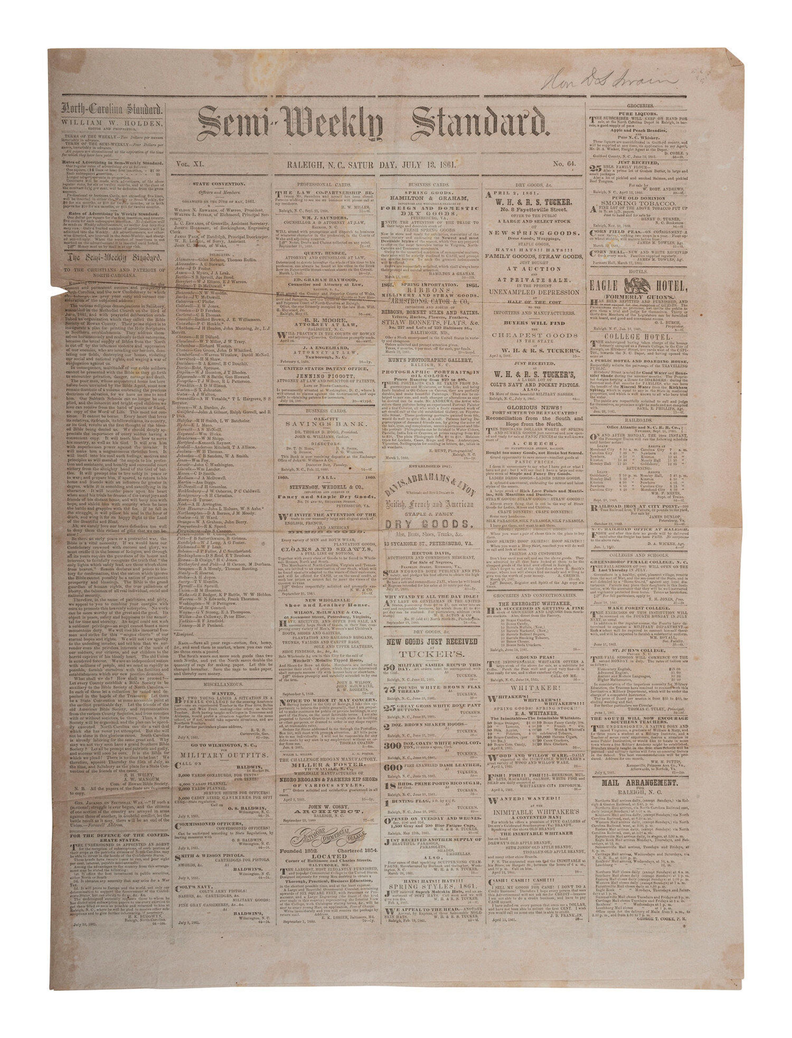 [CIVIL WAR]. 4 war-date newspapers, incl. capture of Fort Sumter and Lee's surrender at Appomattox.