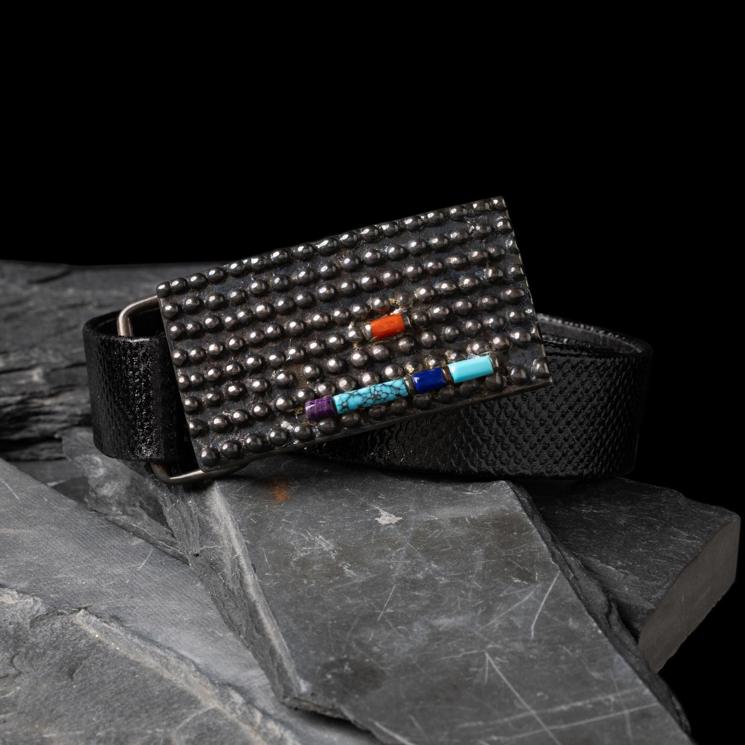 Navajo Tufa Cast Silver Belt Buckle, with Inlay