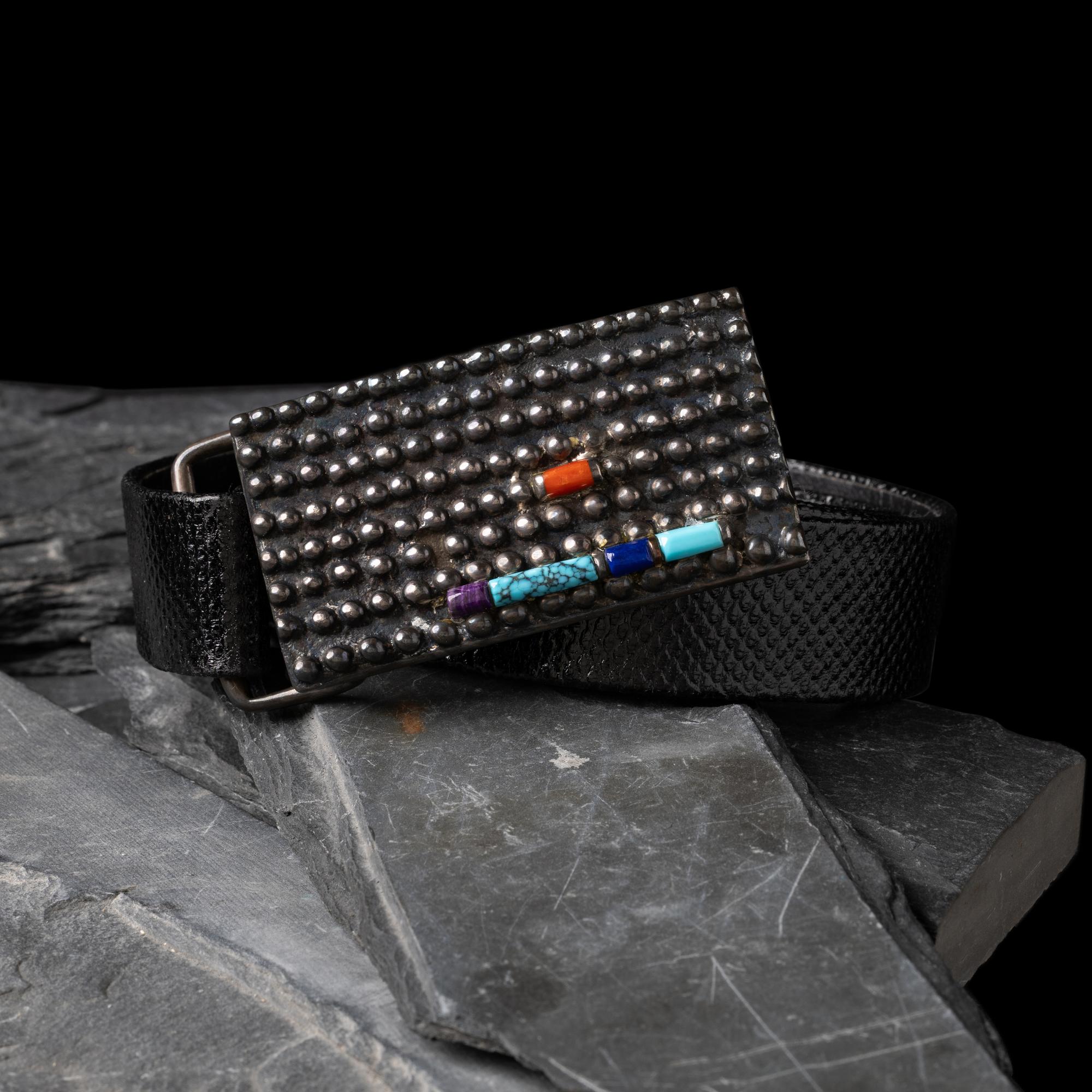 Navajo Tufa Cast Silver Belt Buckle, with Inlay