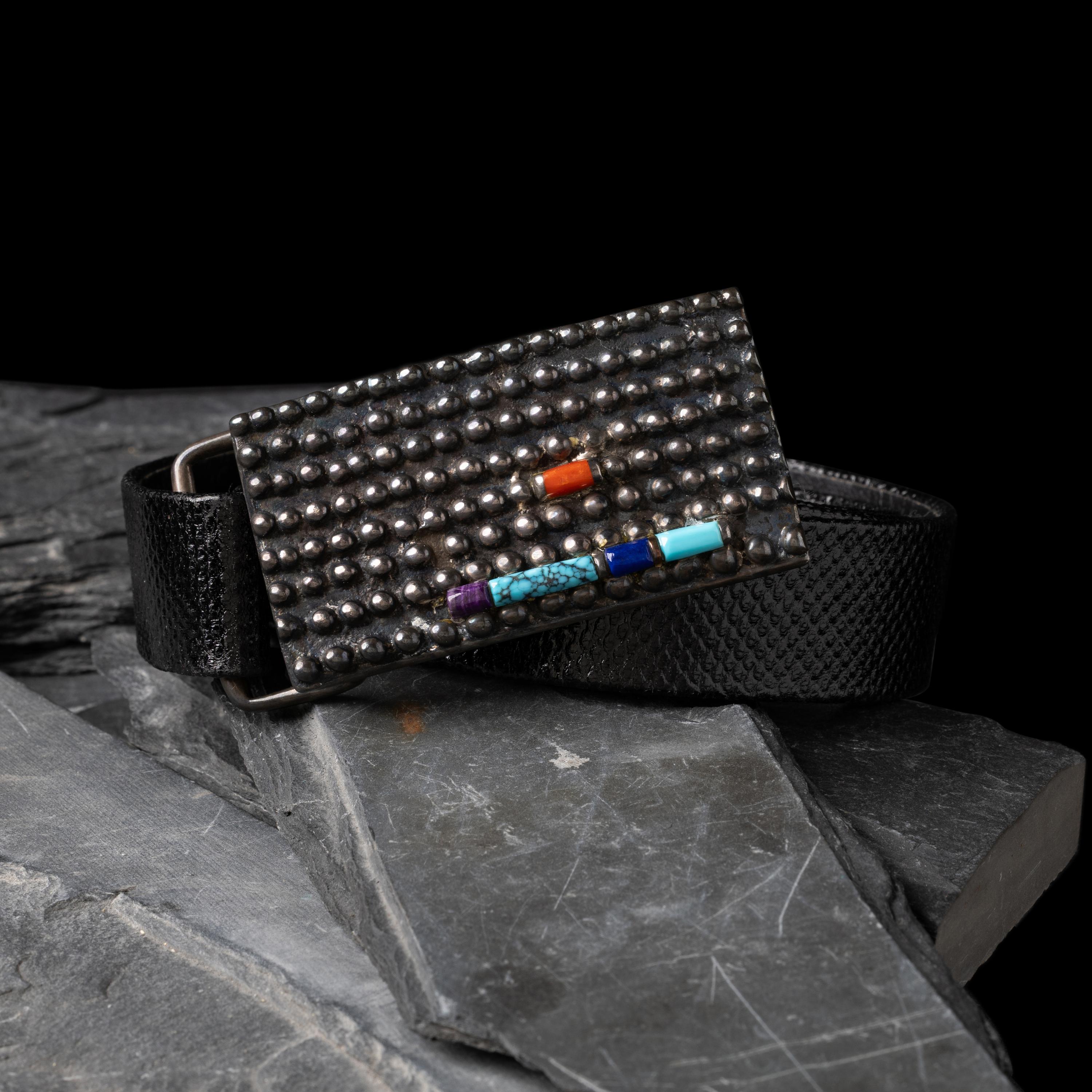 Navajo Tufa Cast Silver Belt Buckle, with Inlay