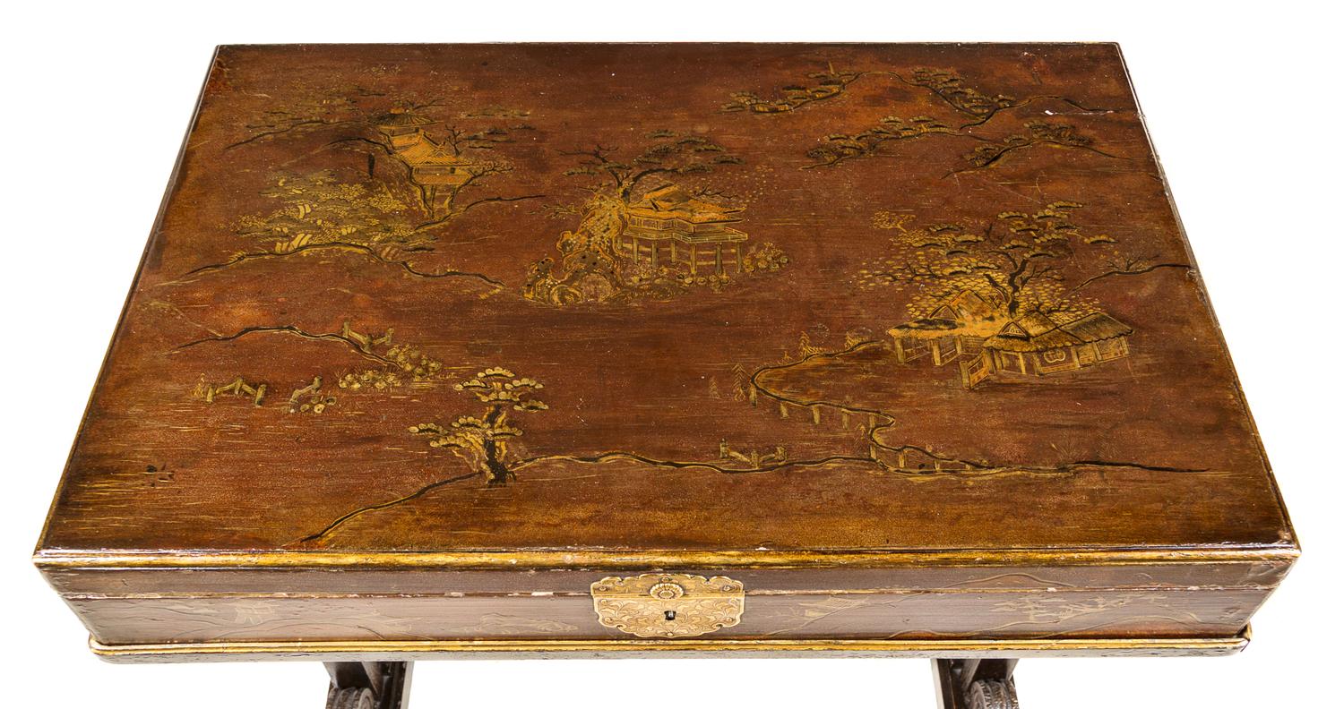 A Regency Style Japanned Writing Desk Height 29 x width 27 1/2 x depth 18 1/4 inches. — 19TH/20TH CENTURY