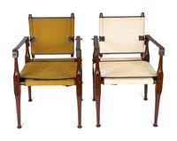 A Pair of British Colonial Style Mahogany, Canvas and Leather Strap Campaign Chairs — 20TH CENTURY