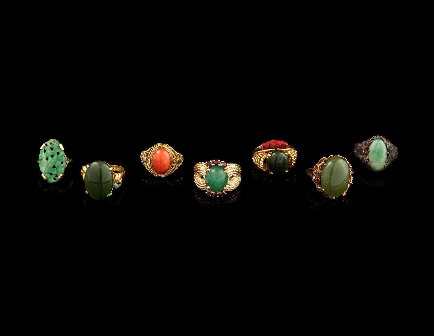 Seven Chinese Hardstone Inset Rings