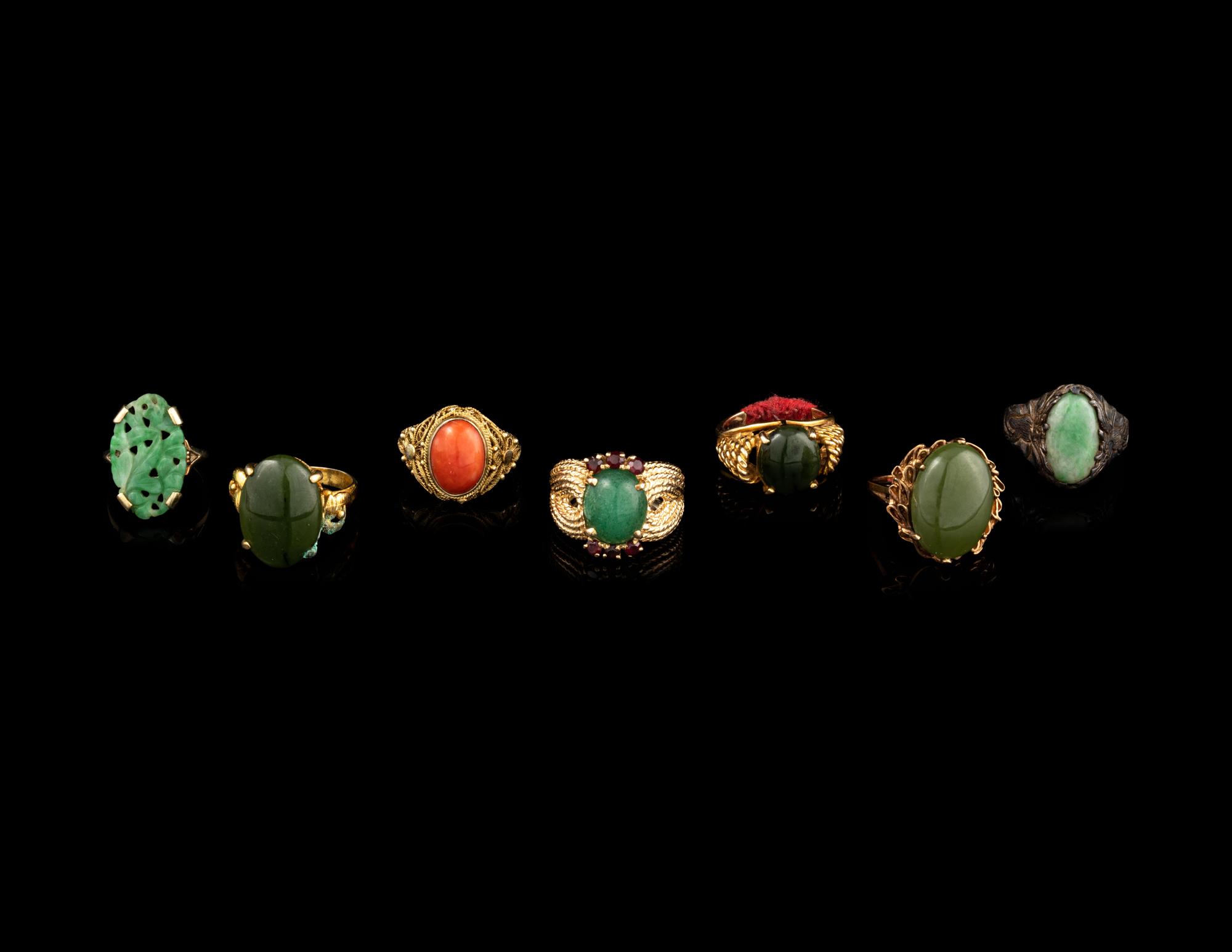 Seven Chinese Hardstone Inset Rings